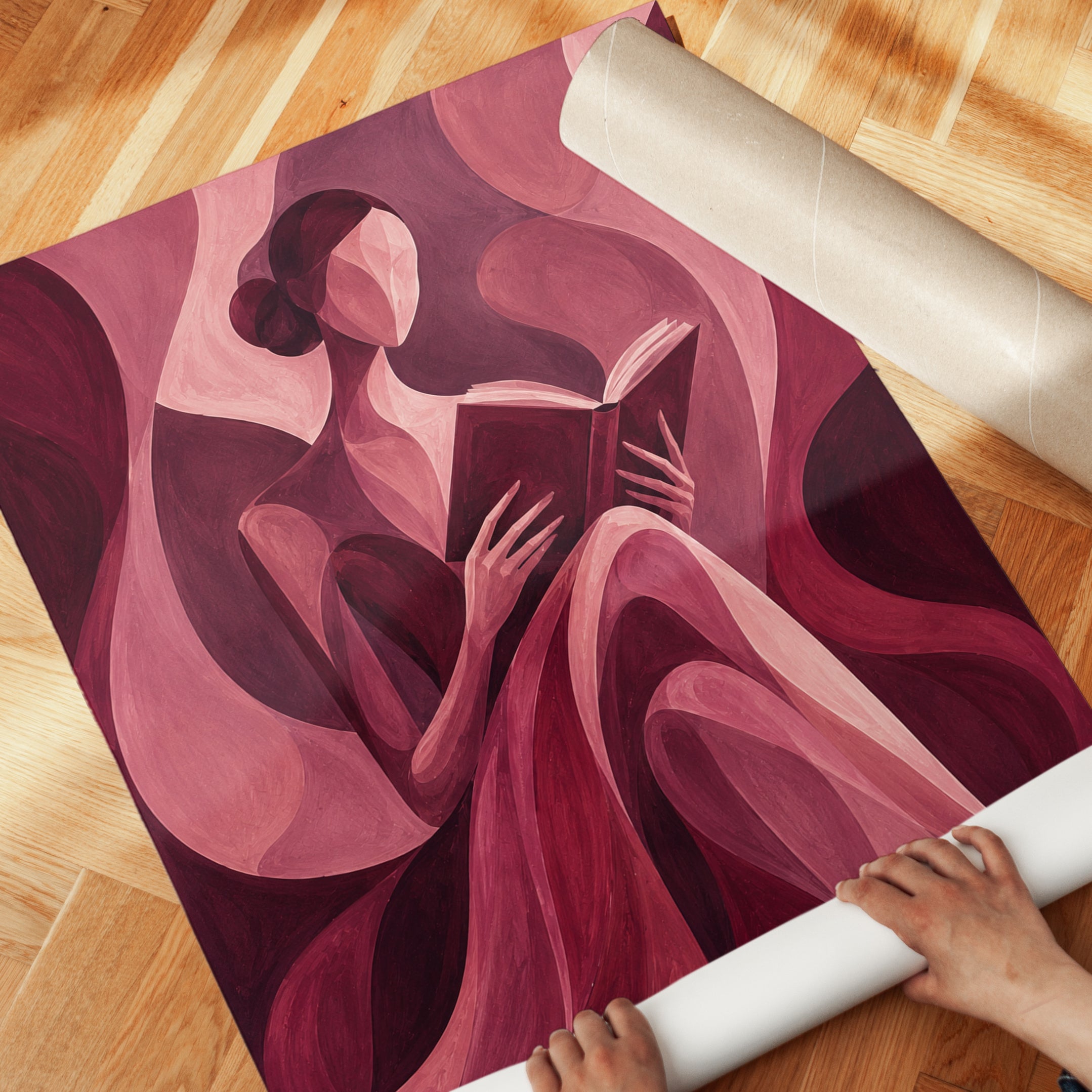 Reading Woman Art Print: Cubist Style Pink and Burgundy Design - detail