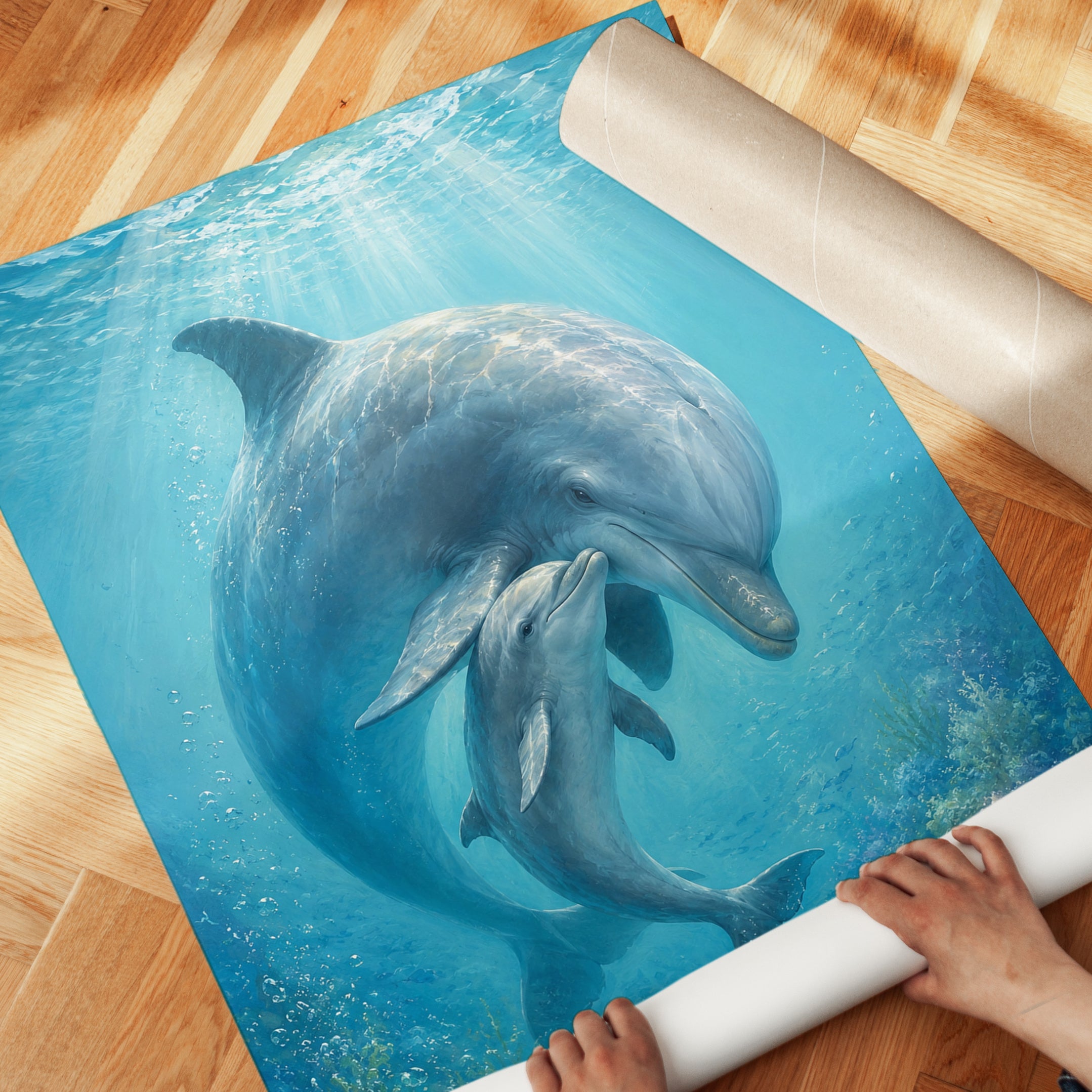 Dolphin Mother and Calf Art Print: Underwater Blue Ocean Scene - detail