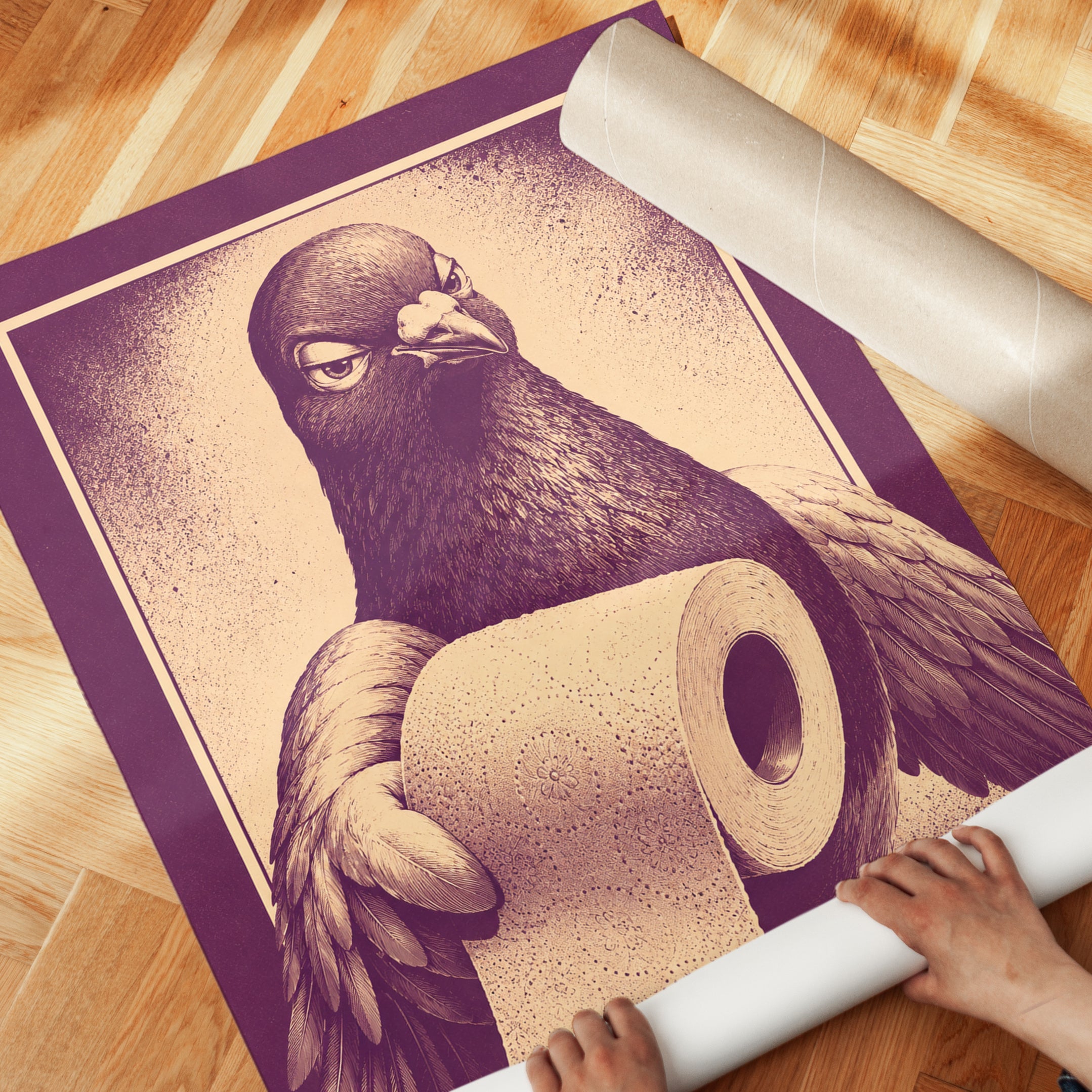 Pigeon Bathroom Print: Vintage Style Humor (Purple and Beige) - detail