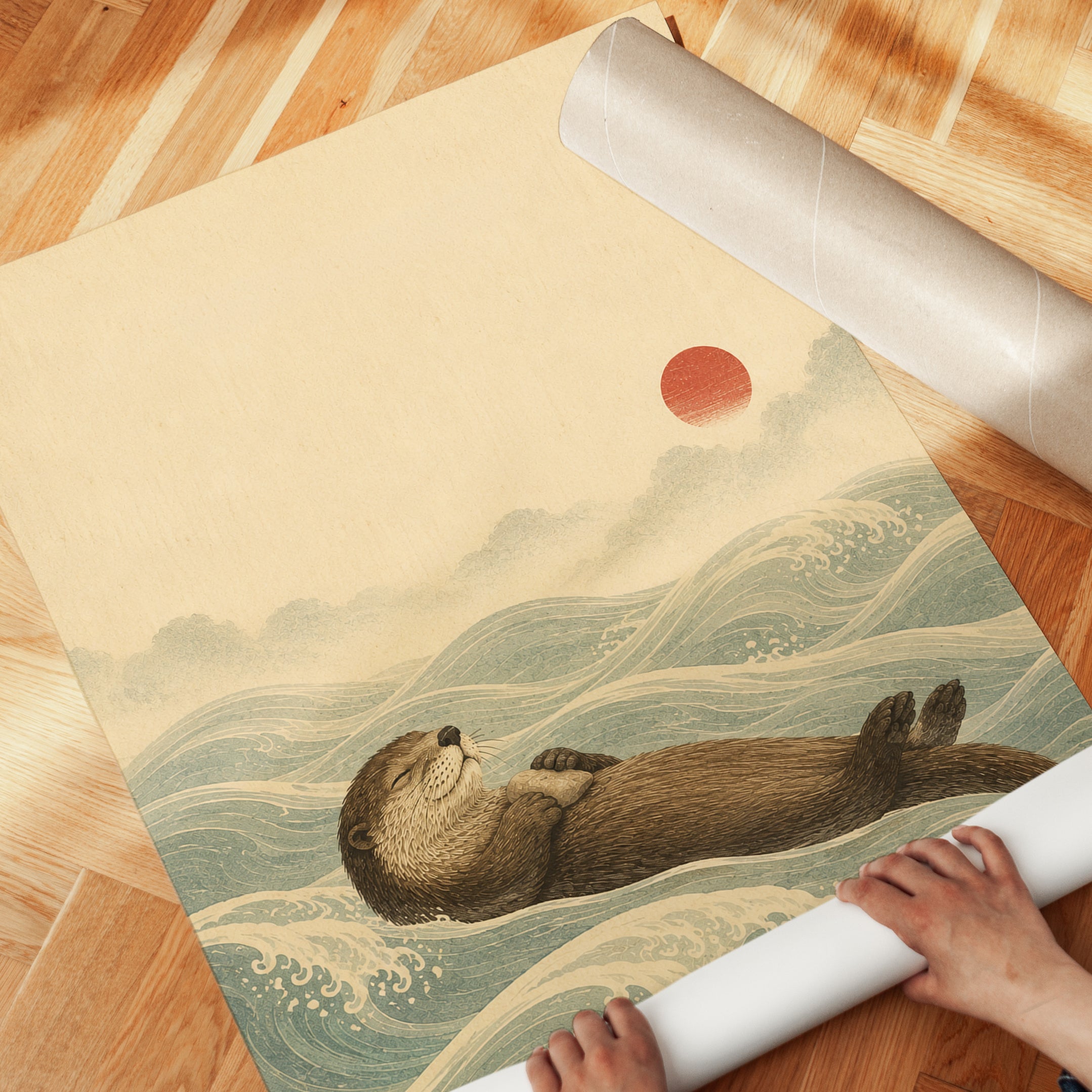 Sea Otter Japanese Wave Art Print - detail