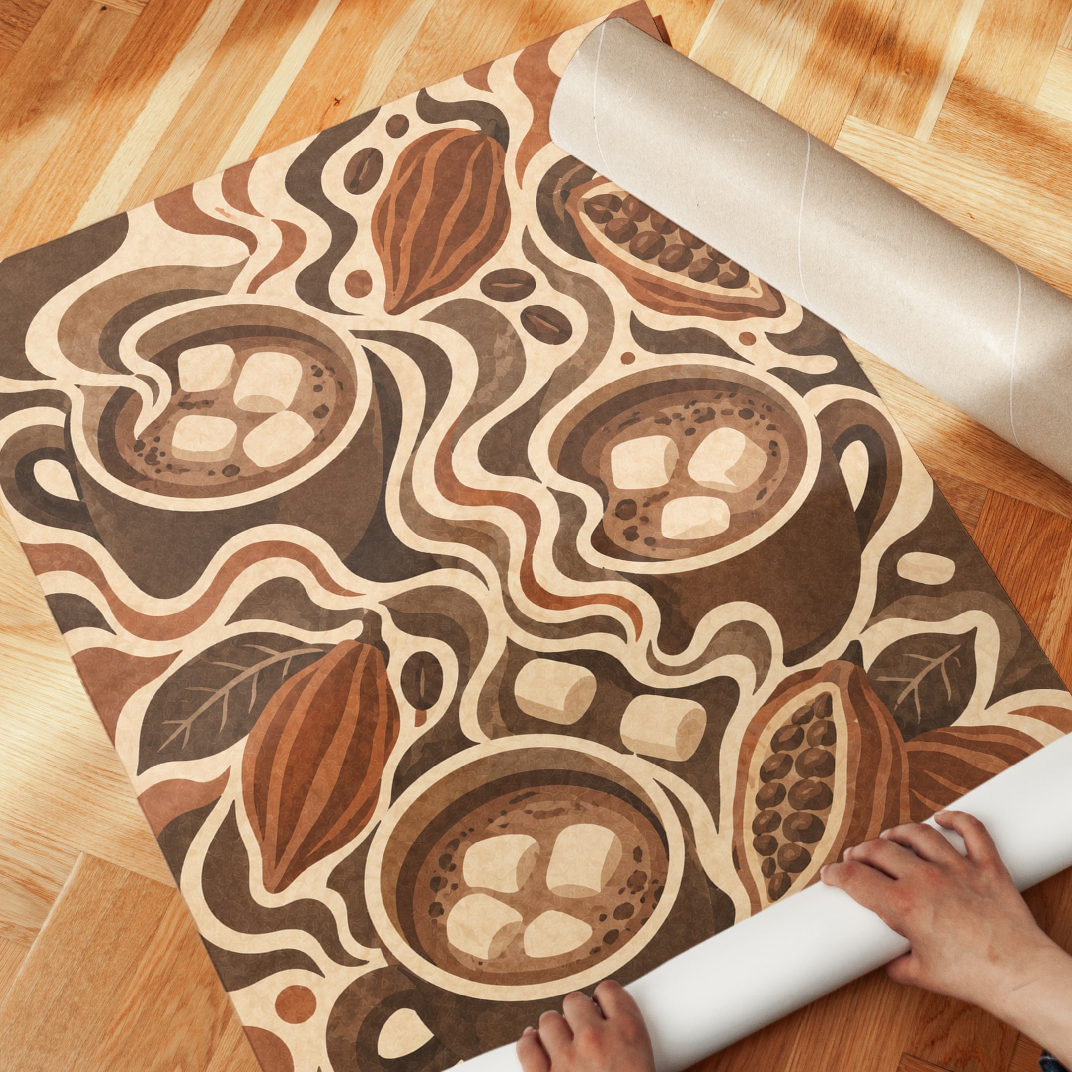 Hot Chocolate and Cocoa Pods Art Print: Retro Brown Illustration - detail