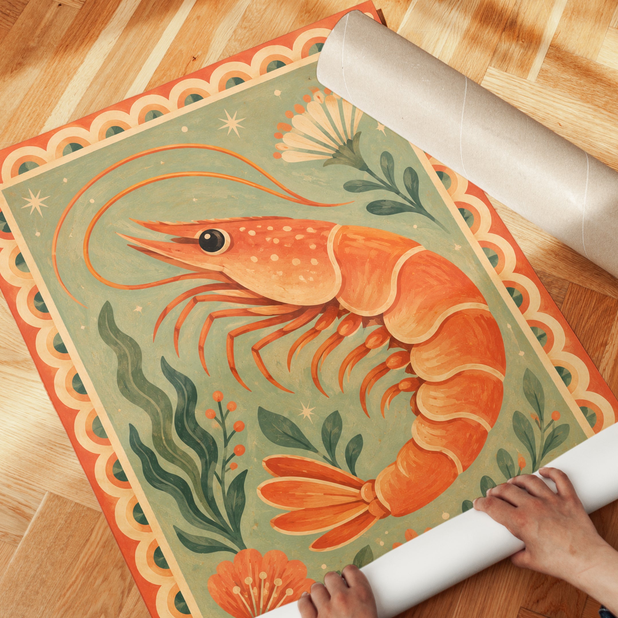 Shrimp Wall Art – Folk Art Kitchen Print - detail