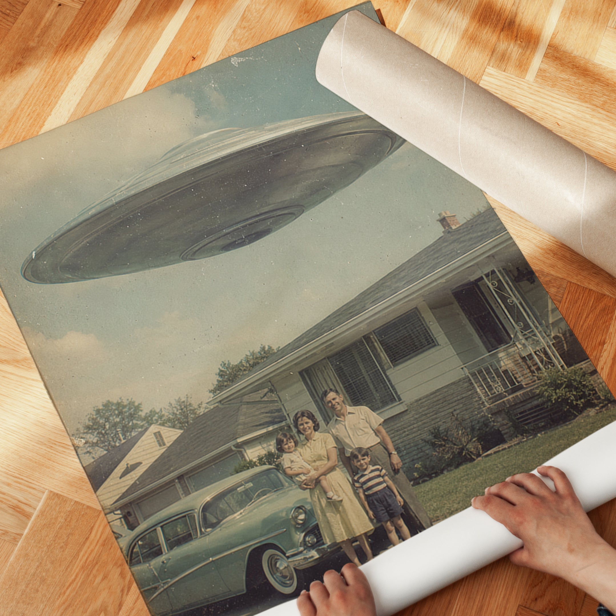 Vintage UFO Family Photo Print — Retro Flying Saucer Sci-Fi Art - detail