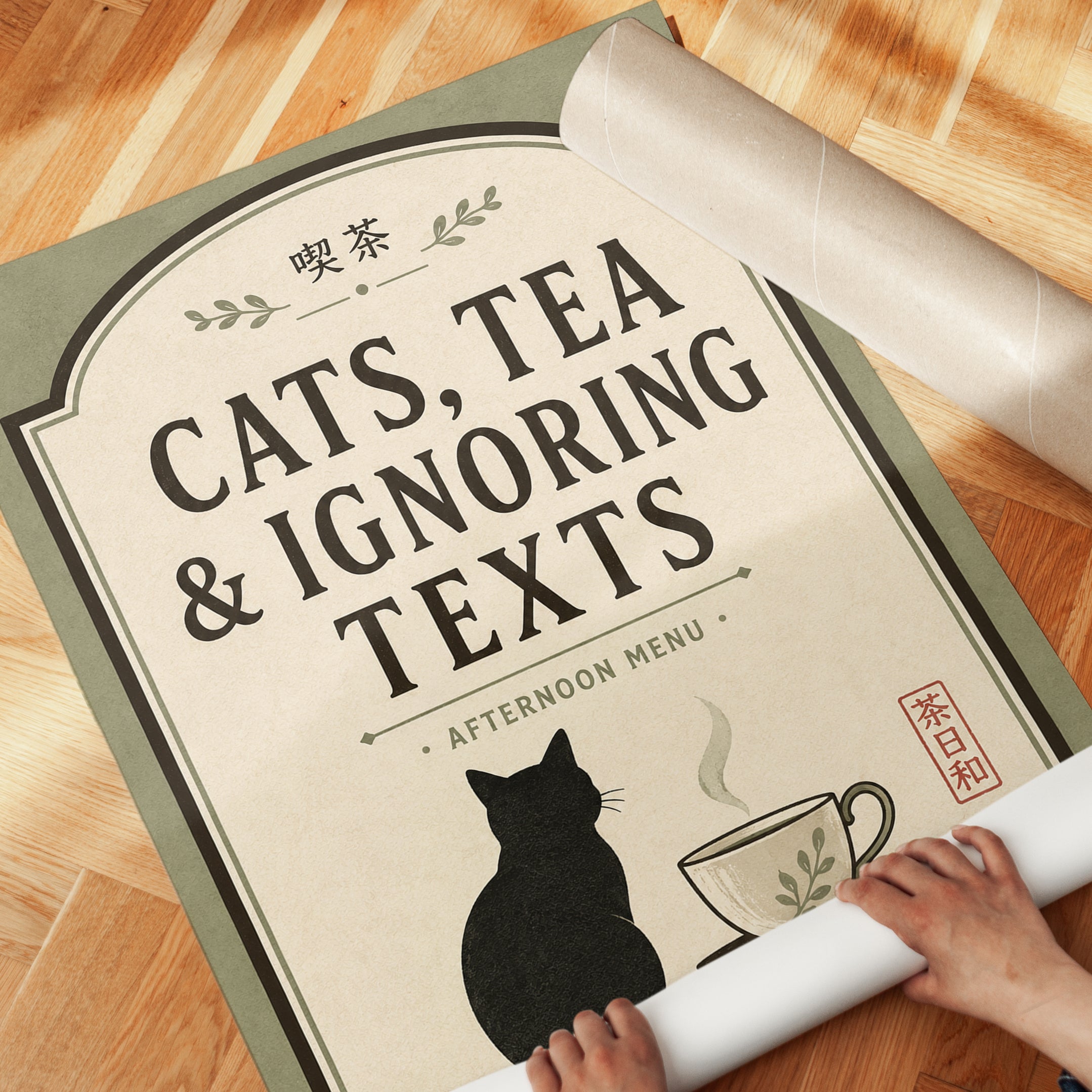 Cat Tea Wall Art – Japanese Inspired Print - detail