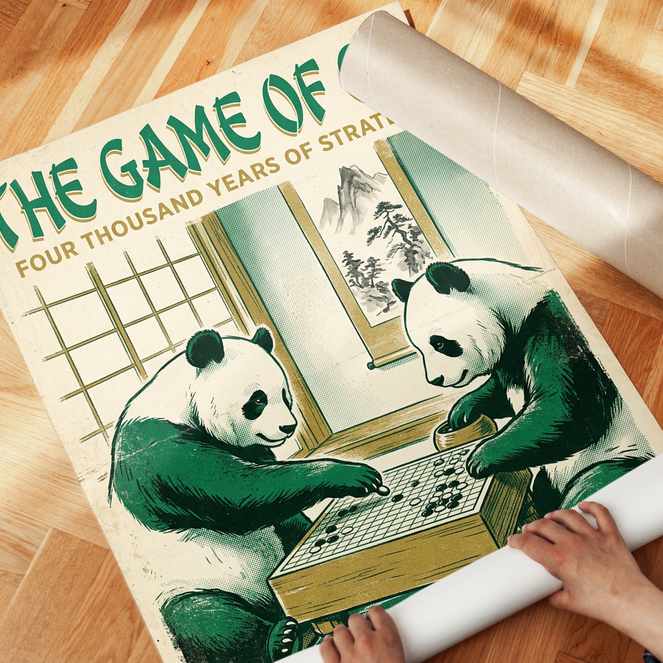 Pandas Playing Go Wall Art: Vintage Asian Game Poster - detail