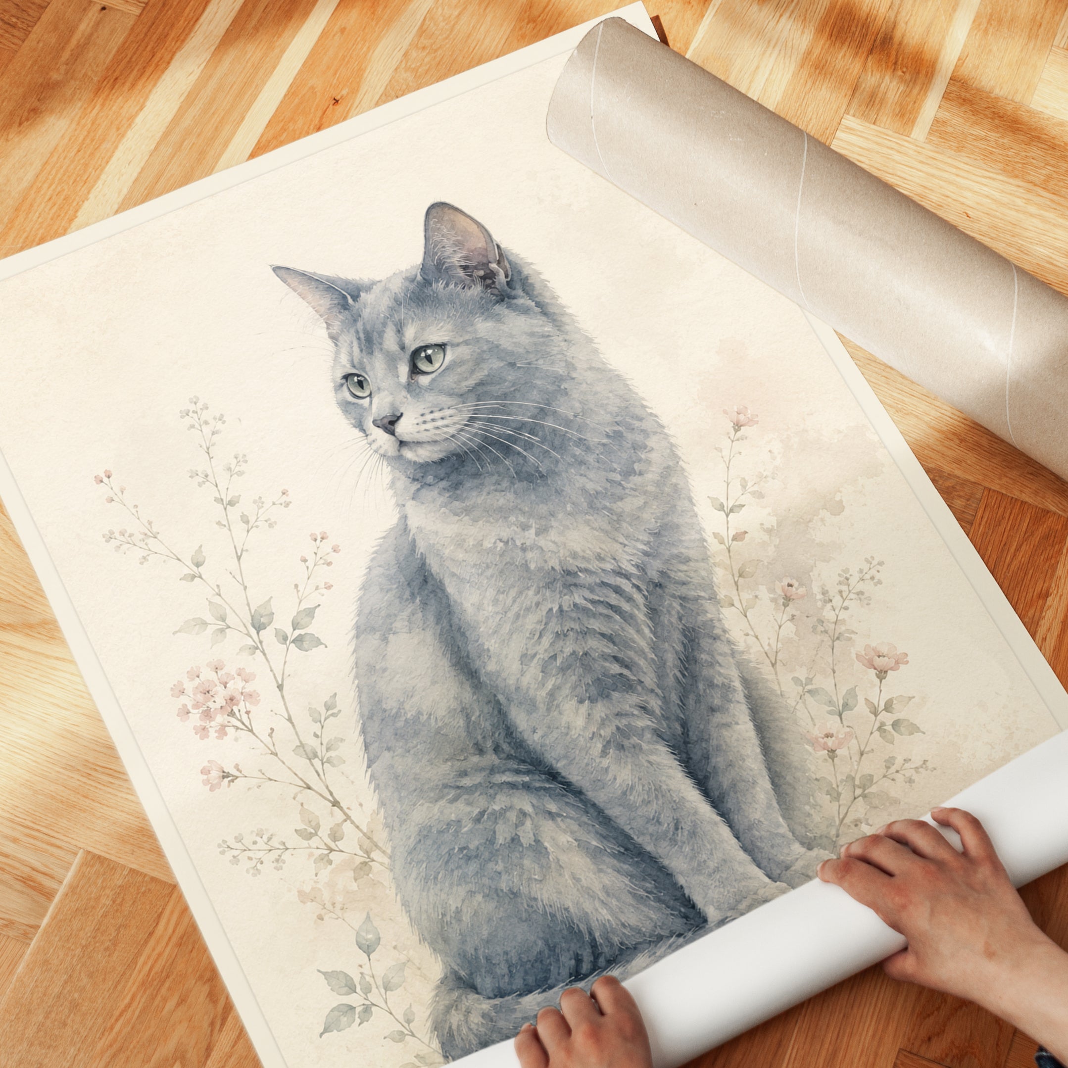 Gray Cat Watercolor Print: Botanical Floral Art - detail