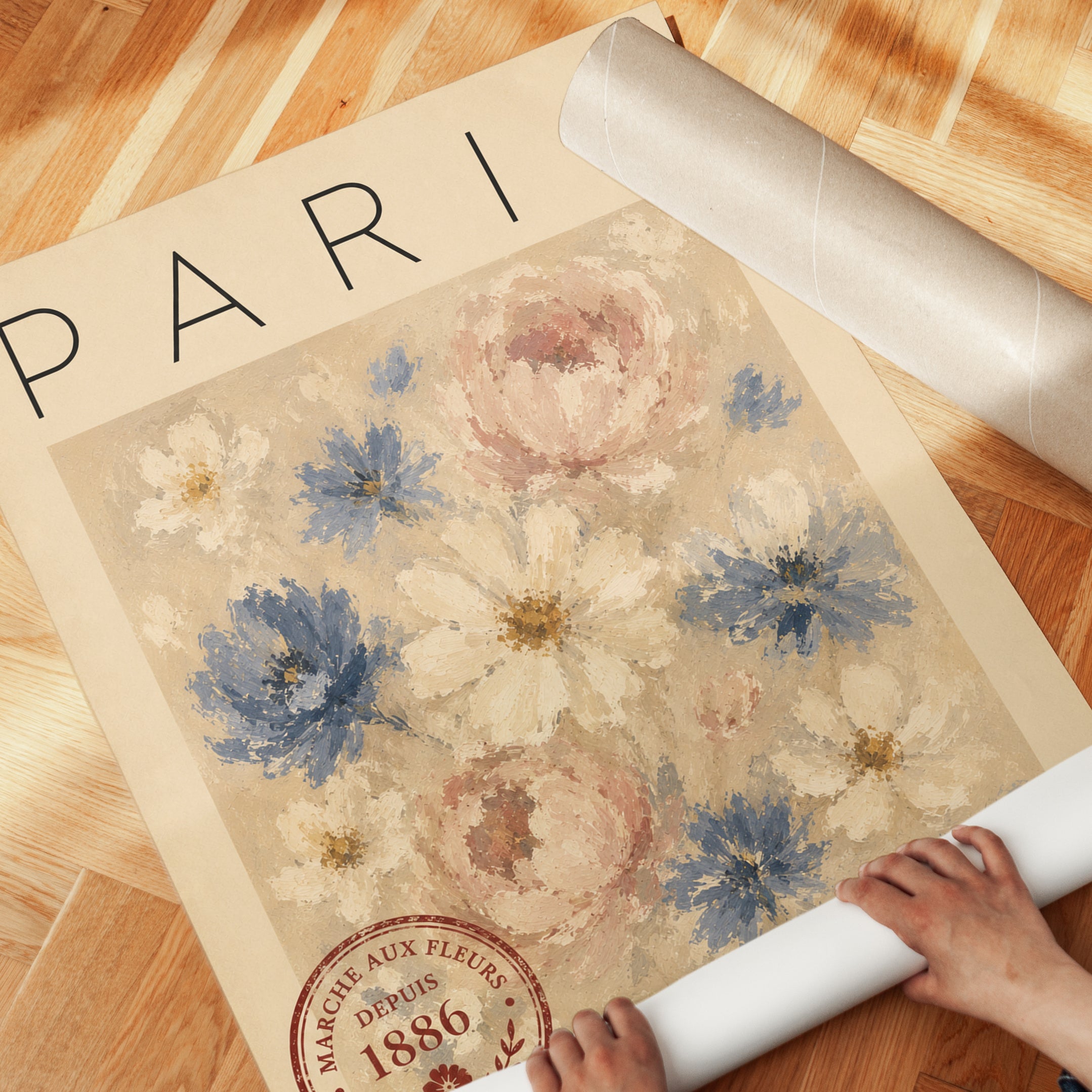 Paris Travel Poster – Vintage Floral Market Print - detail