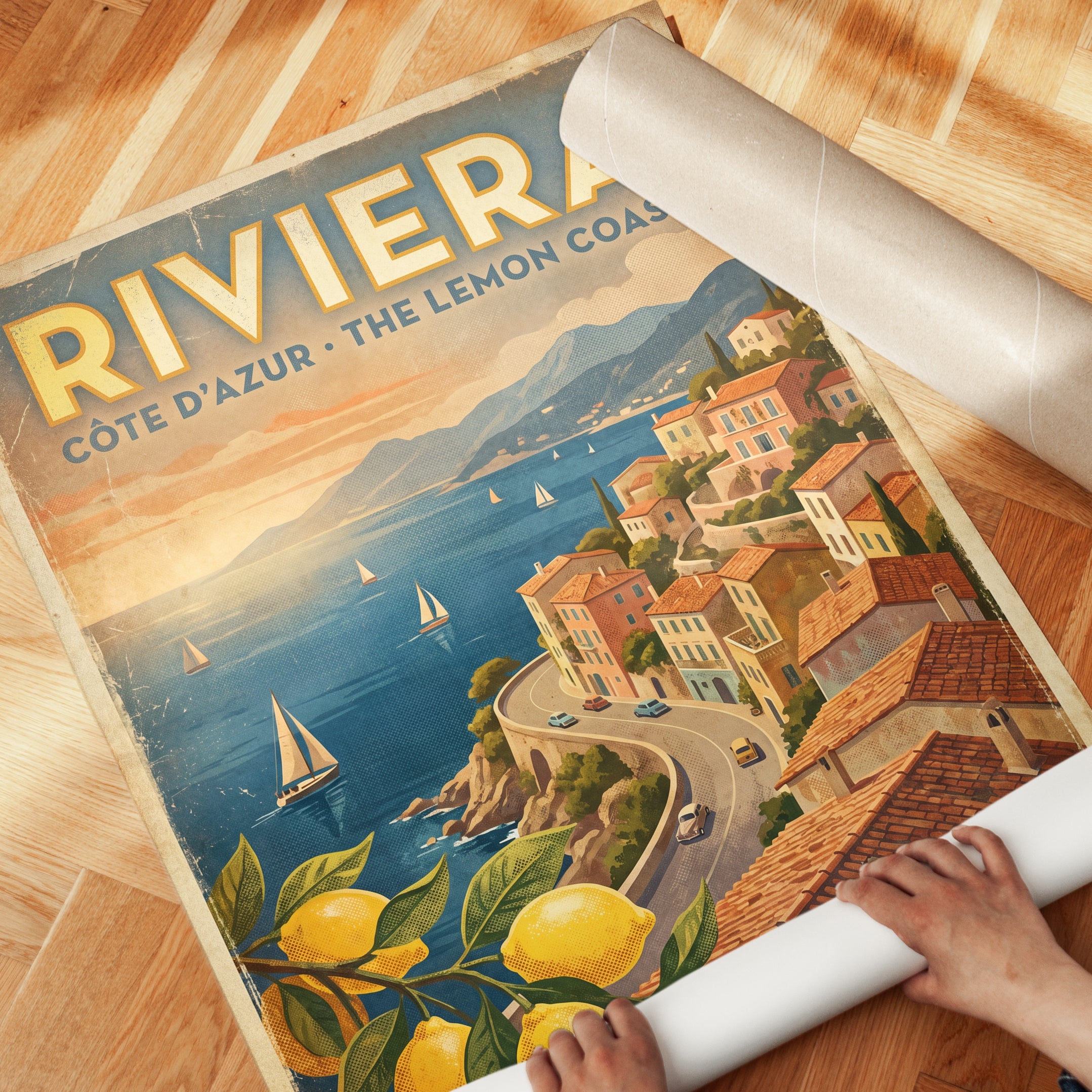 Vintage Riviera Travel Poster – French Côte d'Azur Lemon Coast - detail
