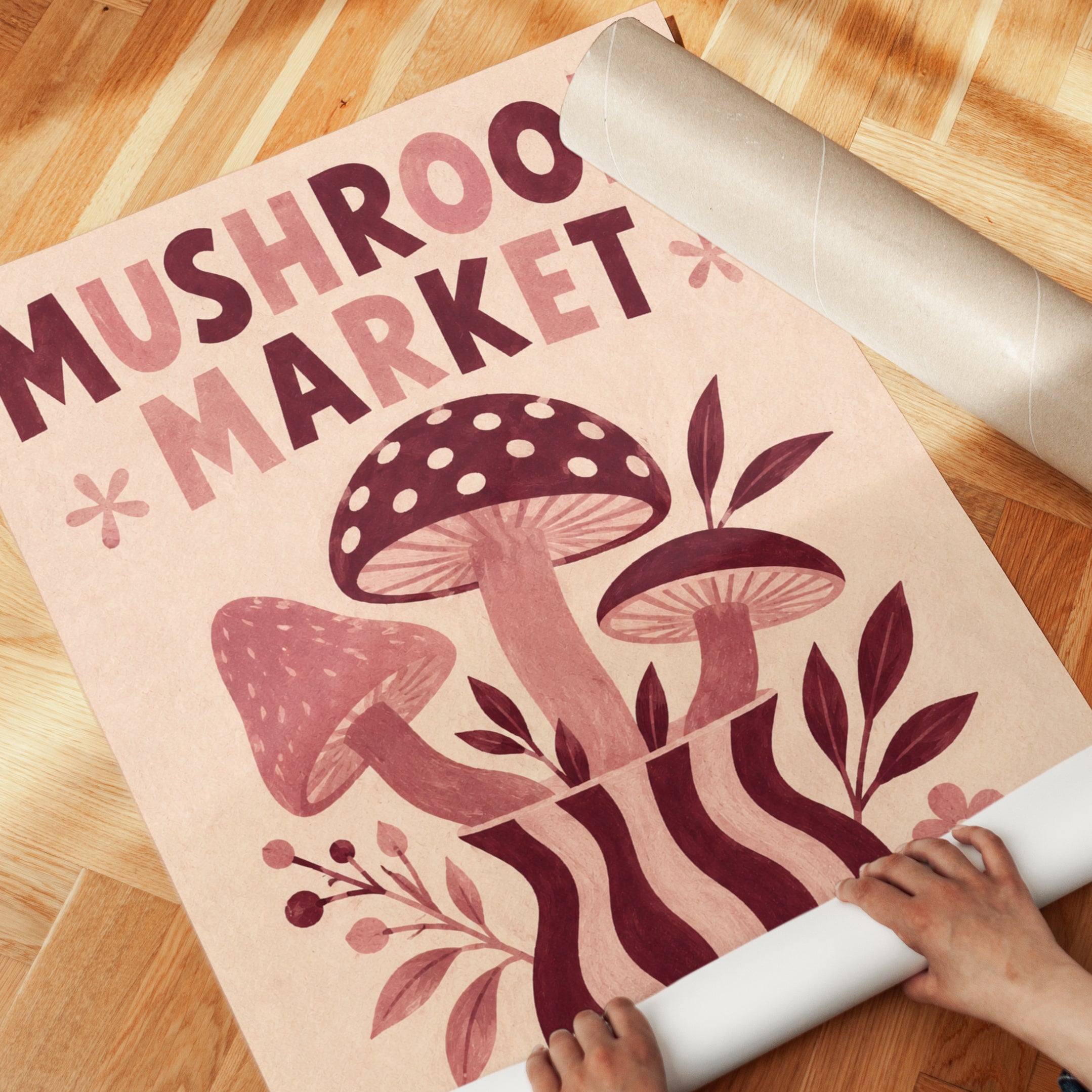 Mushroom Market Poster: Retro Folk Art Botanical Design - detail