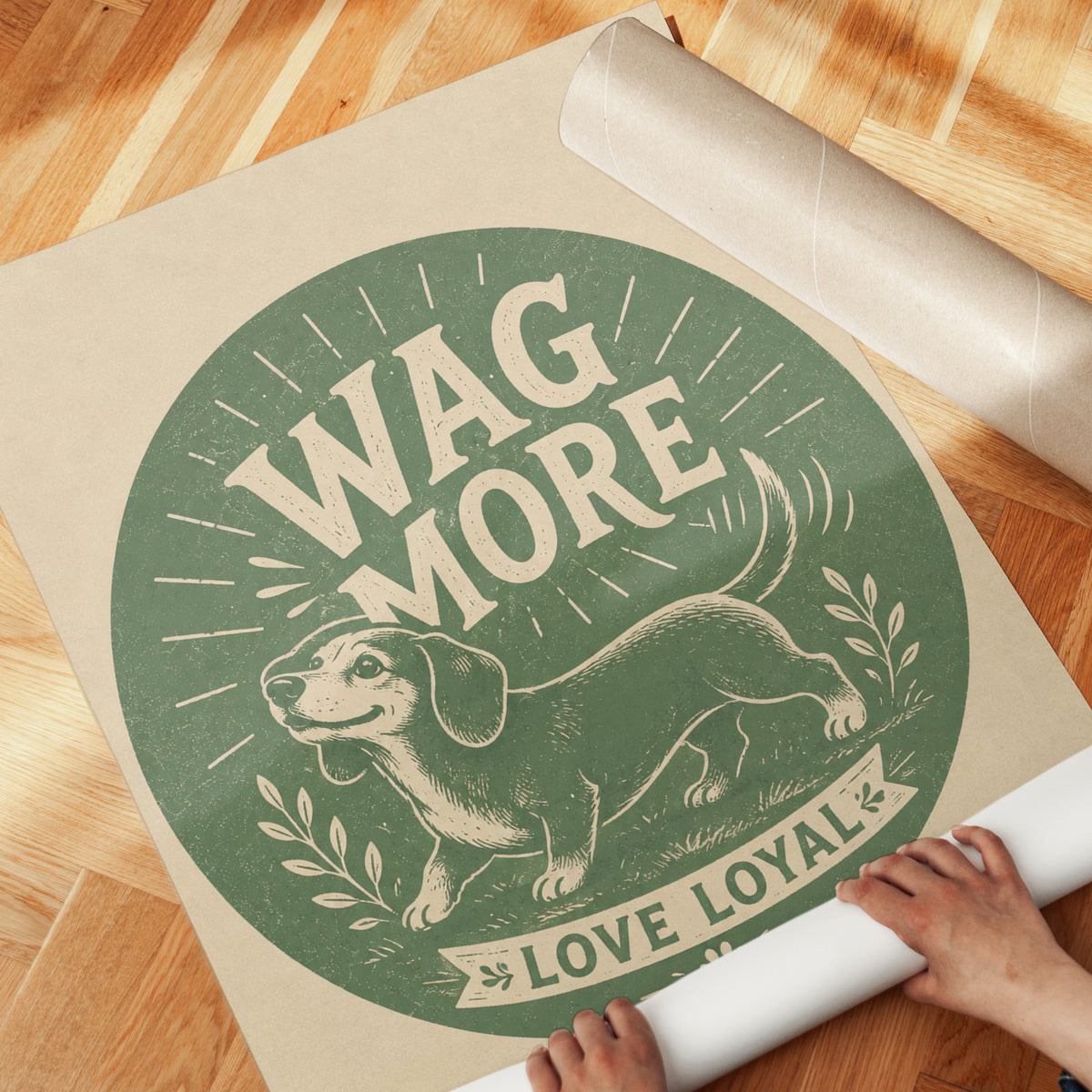 Wag More Dachshund Print: Vintage Green Dog Poster - detail