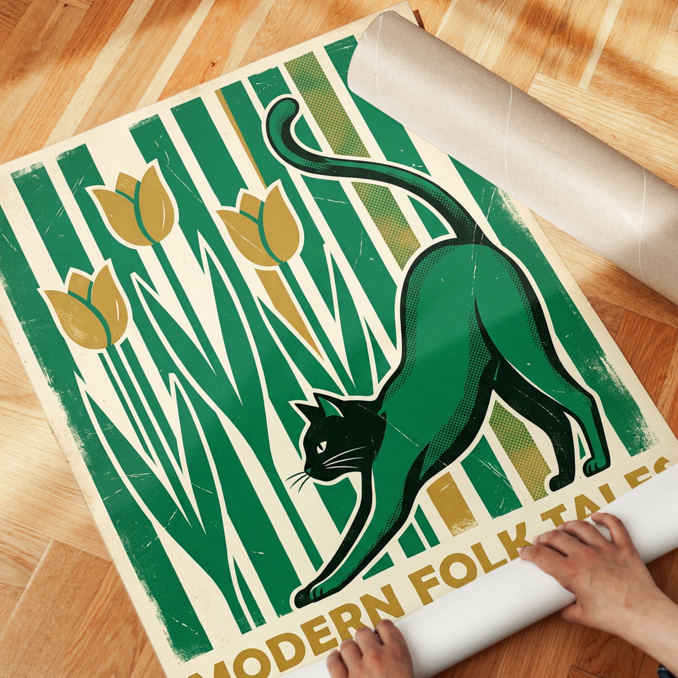 Art Deco Cat and Tulips Print: Green and Gold Vintage Design - detail