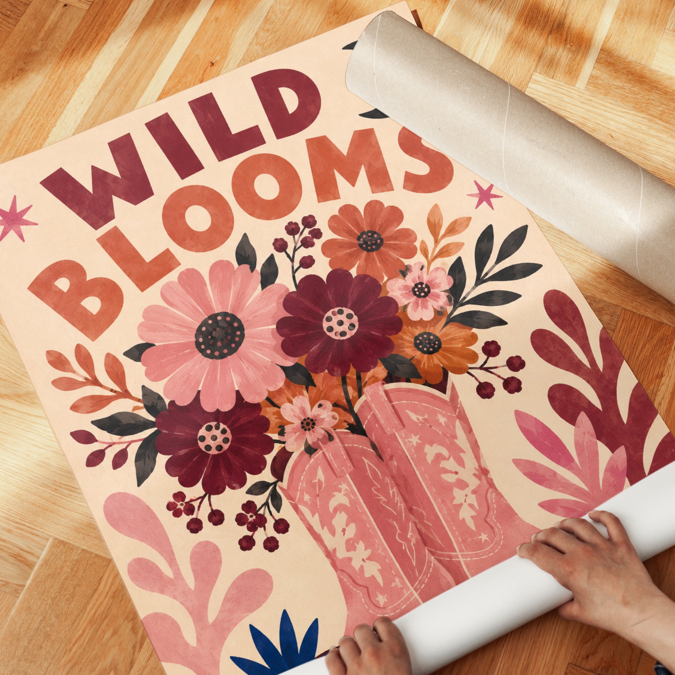 Wild Blooms Cowboy Boots Print: Retro Western Floral Wall Art - detail