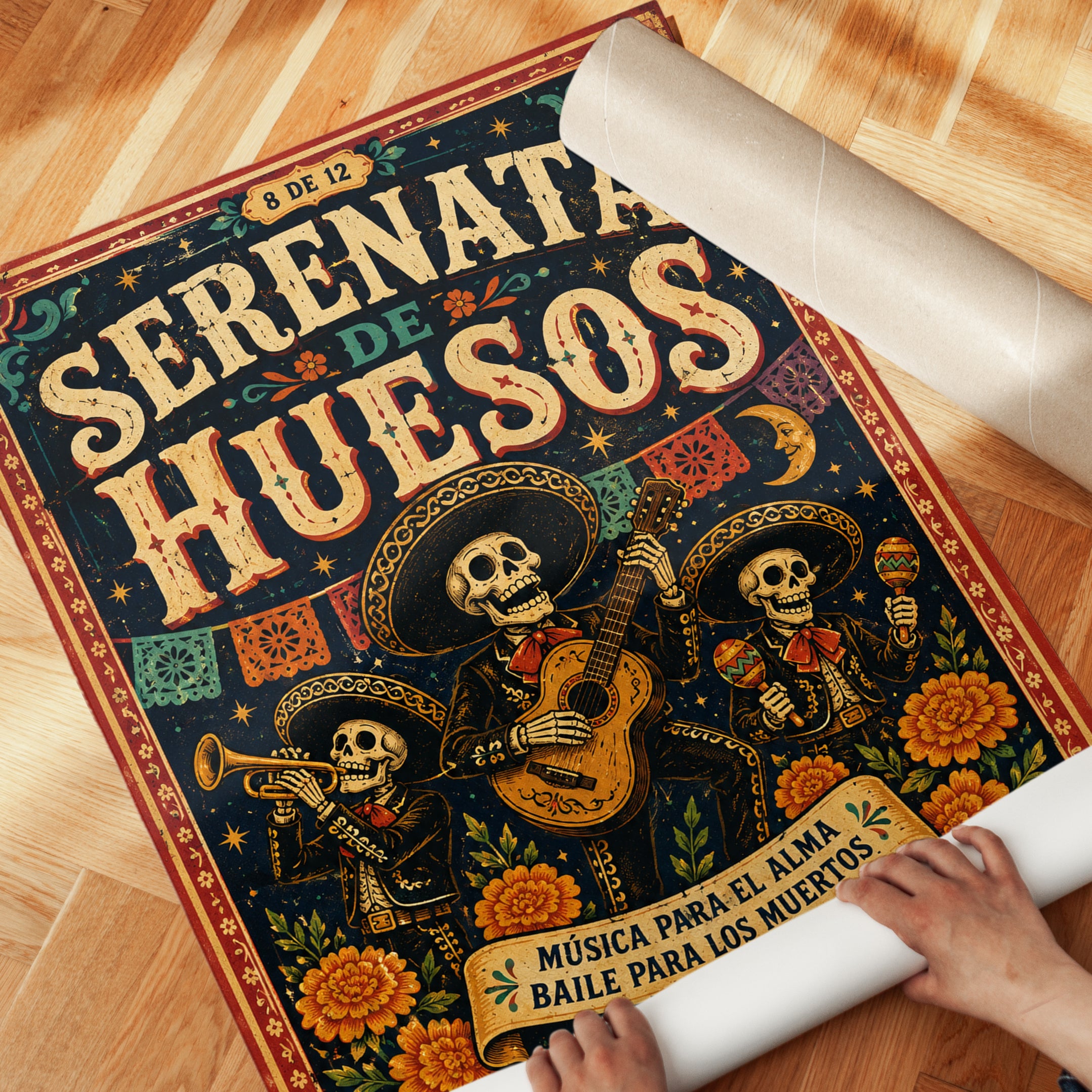 Day of the Dead Print: Vibrant Mexican Folk Art (Mariachi Skeletons) - detail