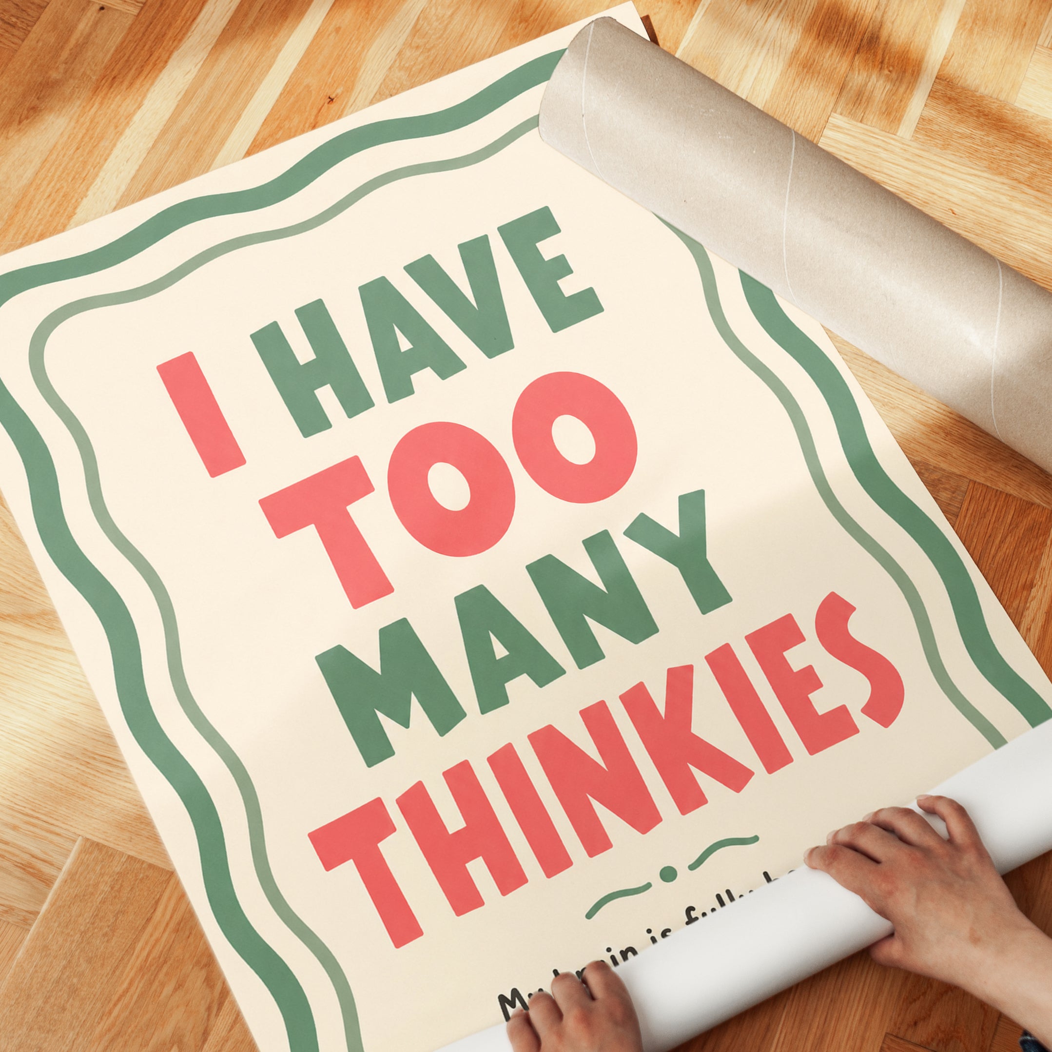 Too Many Thinkies Print: Retro Typography Poster in Green and Coral - detail