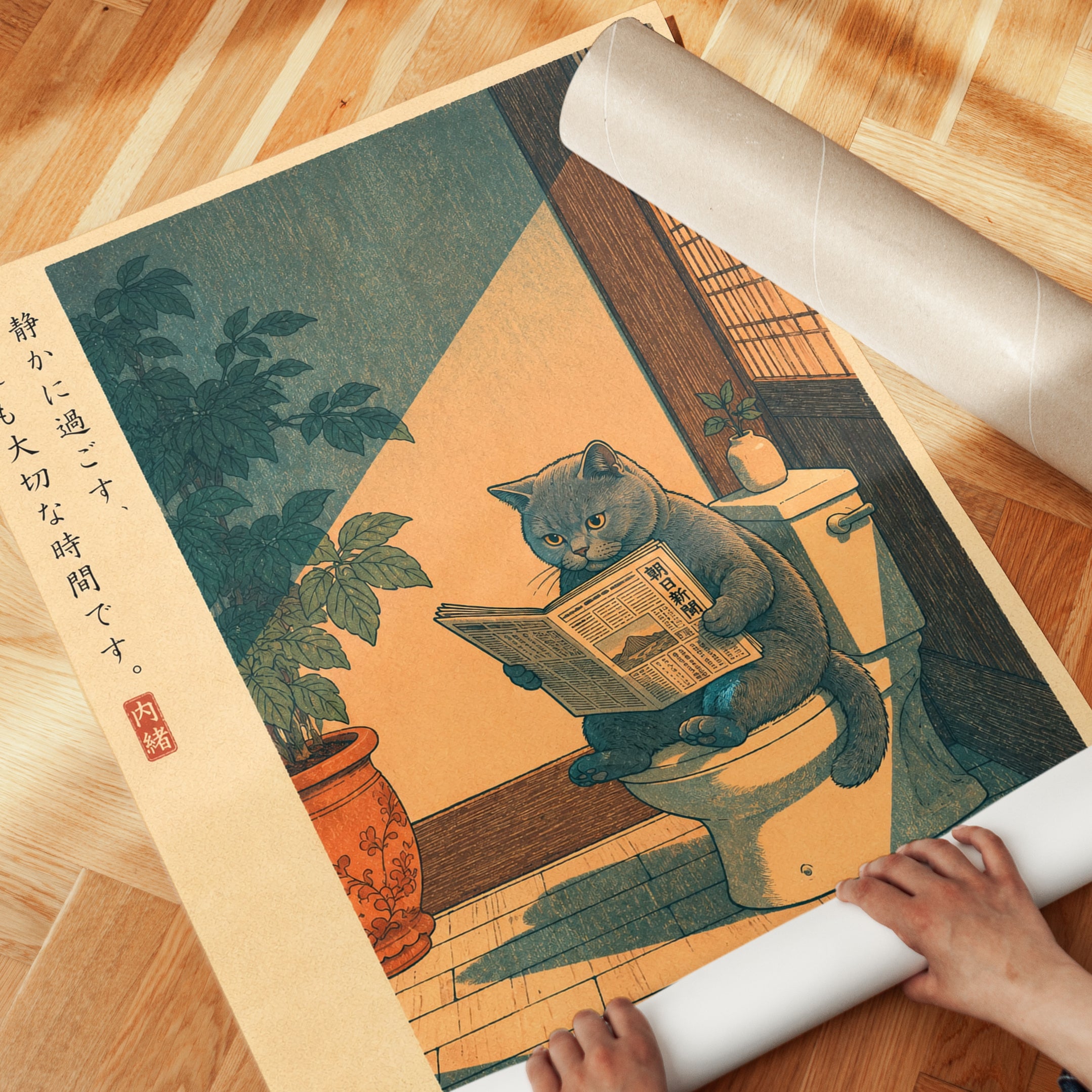 Japanese Cat Reading Newspaper Art - detail