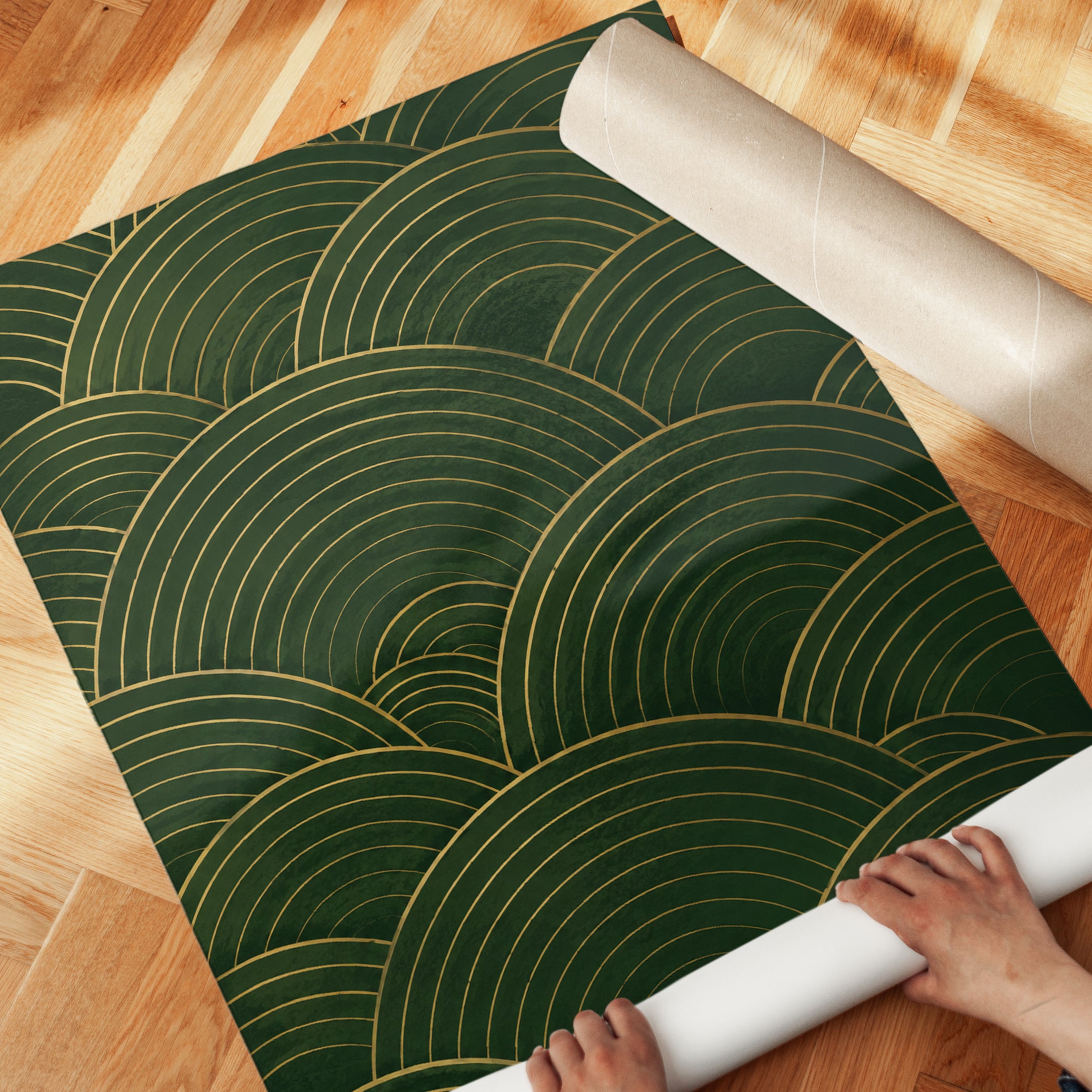 Japanese Wave Pattern Print: Gold & Green Seigaiha Art Deco - detail