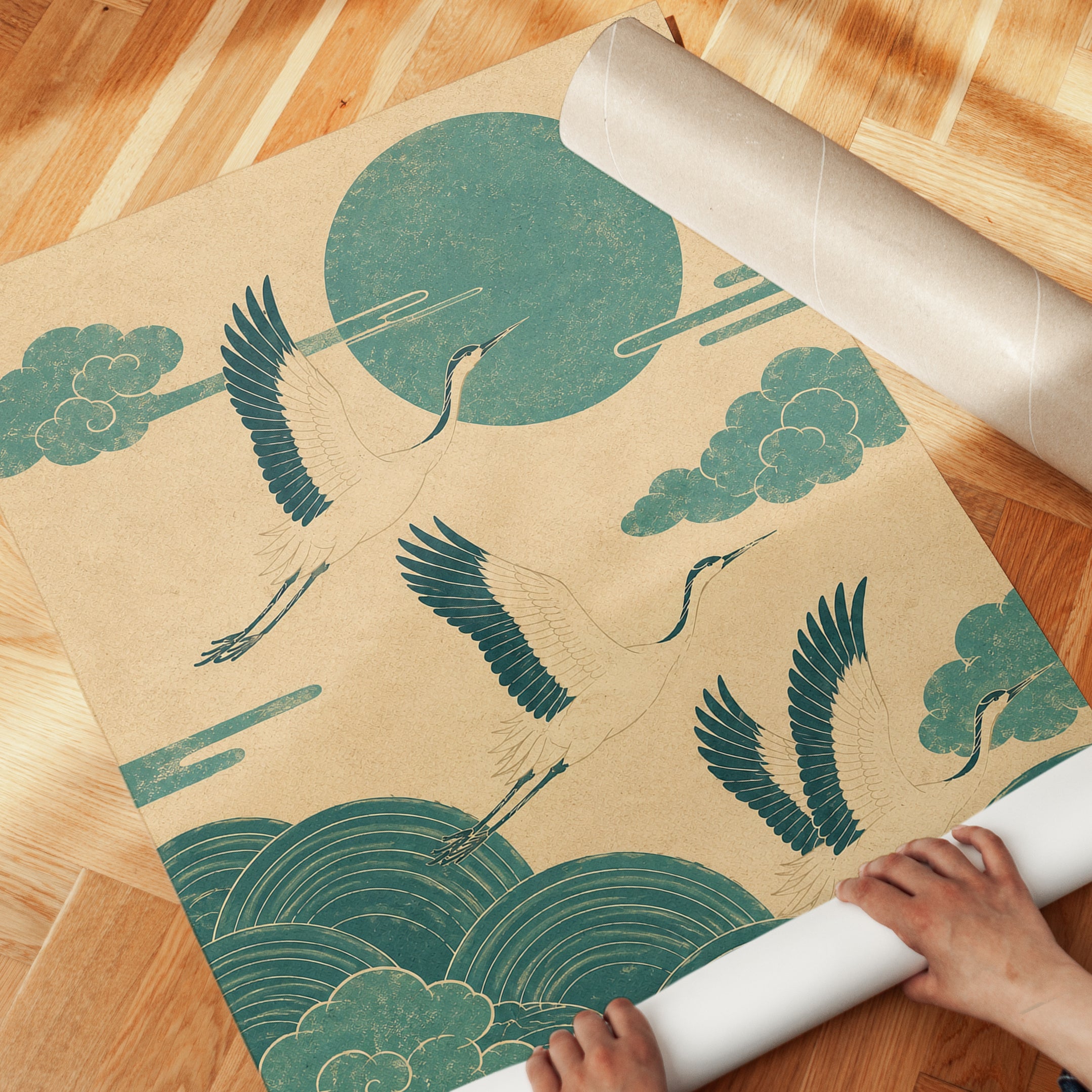 Japanese Crane Art Print – Teal and Gold - detail