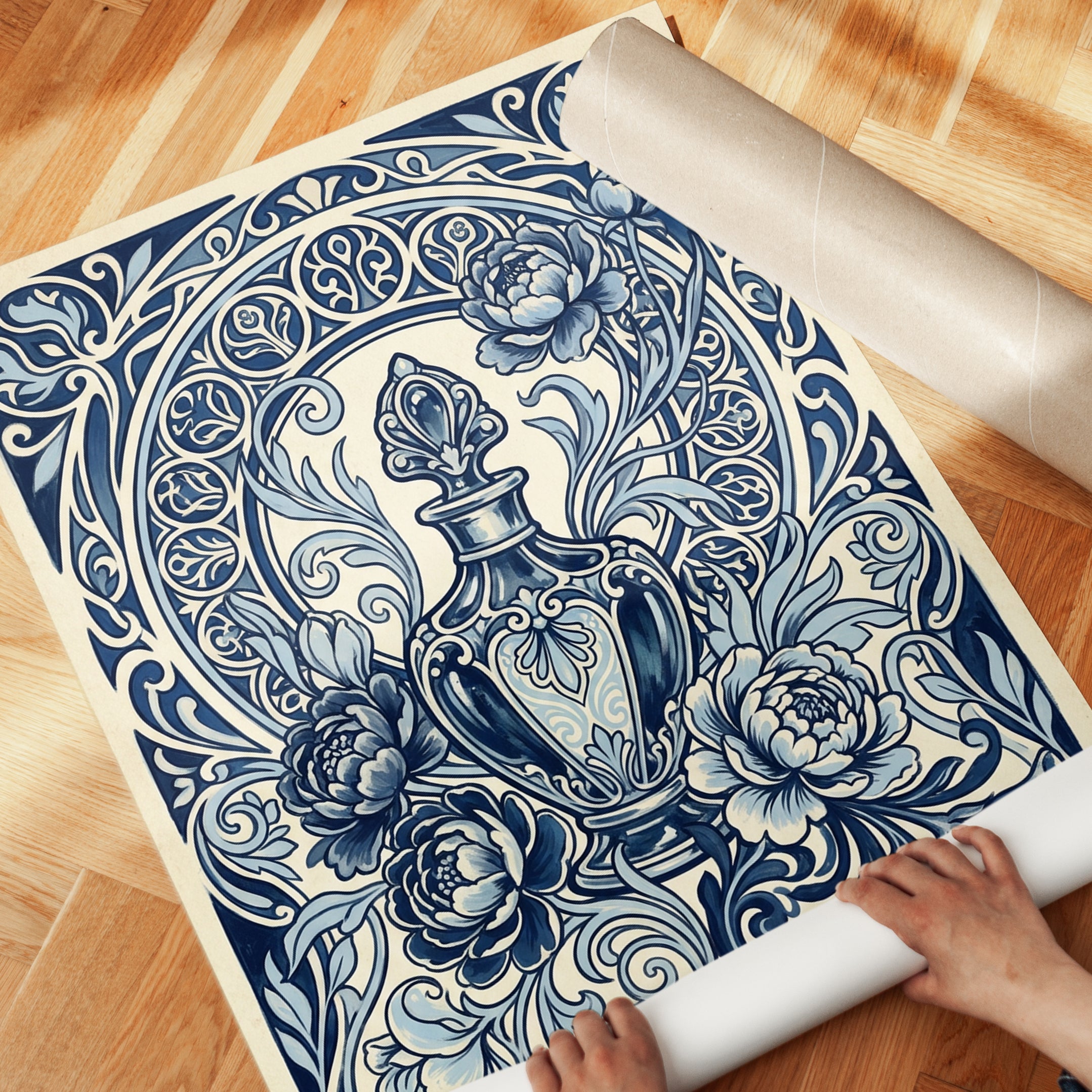 Blue and White Porcelain Print — Ornate Fleur-de-lis Vase - detail