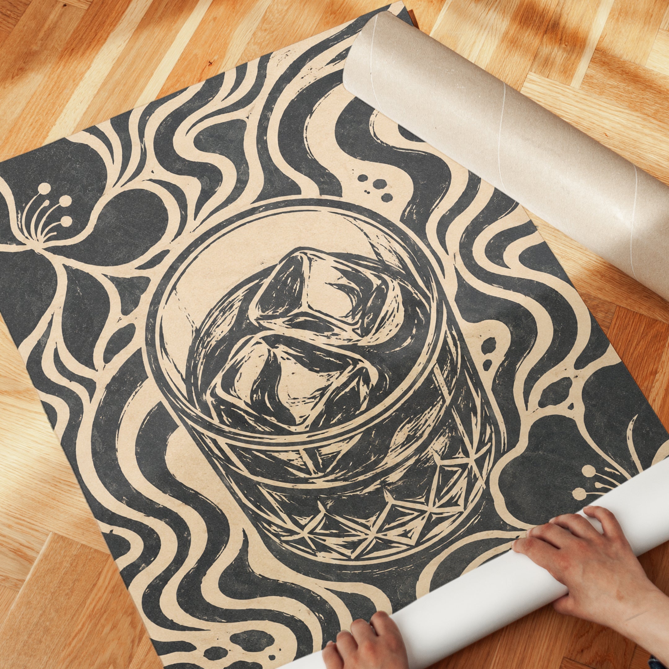 Whiskey Glass Art Print: Art Nouveau Black and Cream Design - detail