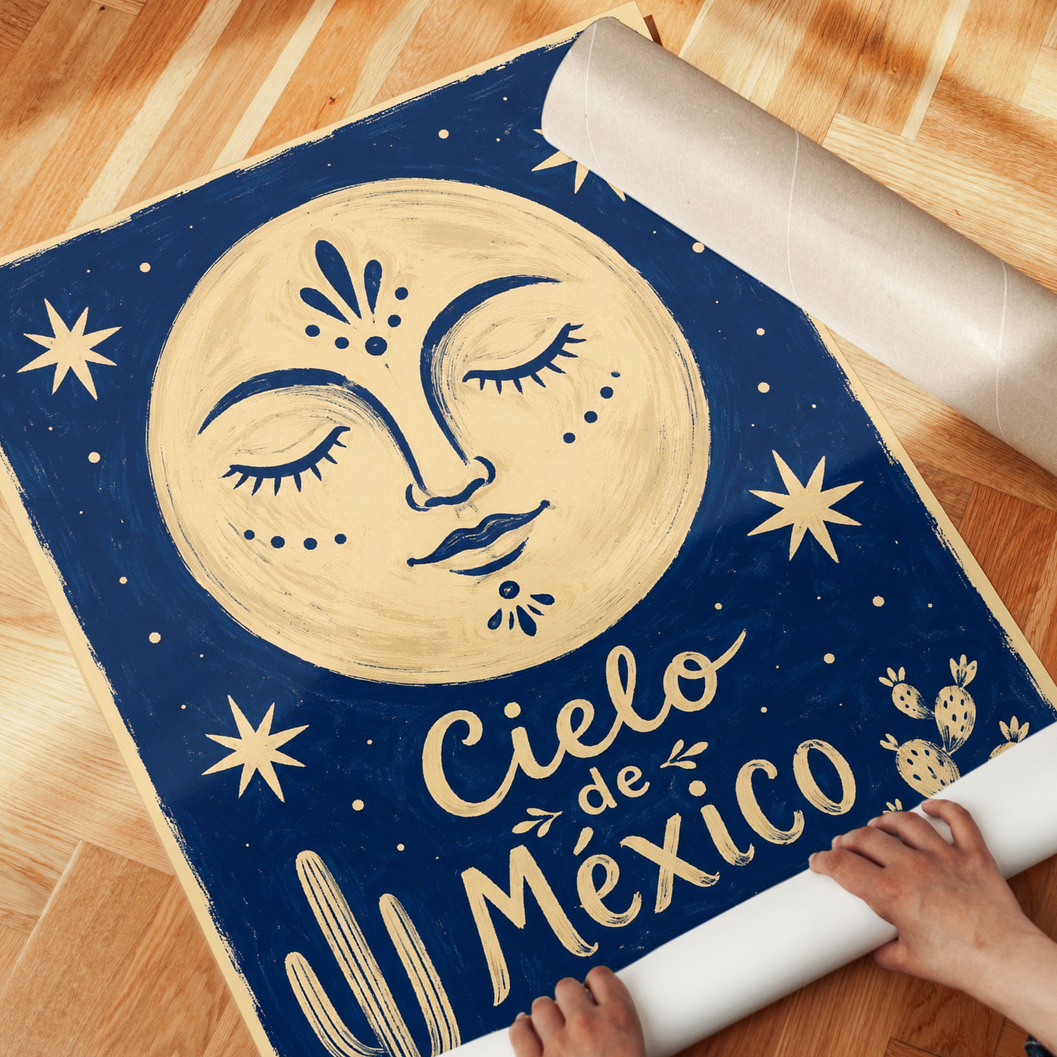 Mexican Moon Face Art Print: Folk Art Blue and Cream Design - detail