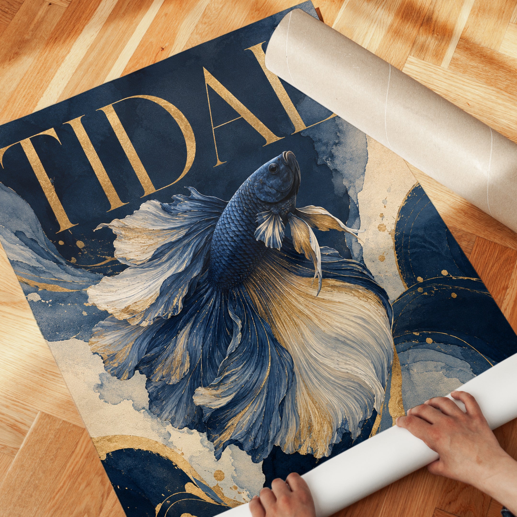 Tidal Betta Fish Art Print: Navy Blue and Gold Watercolor Design - detail