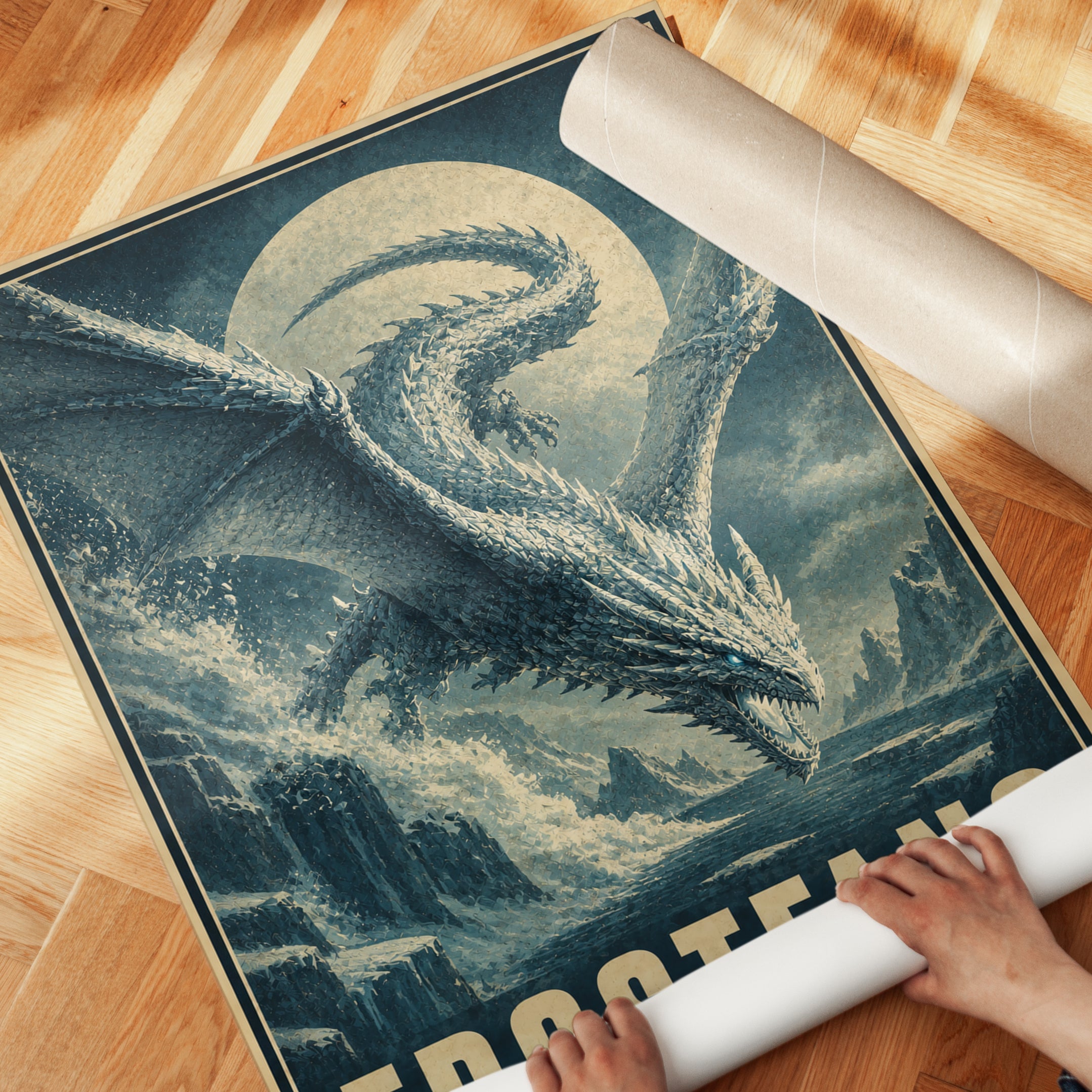 Frostfang Dragon Poster: Vintage Fantasy Art in Ice Blue - detail
