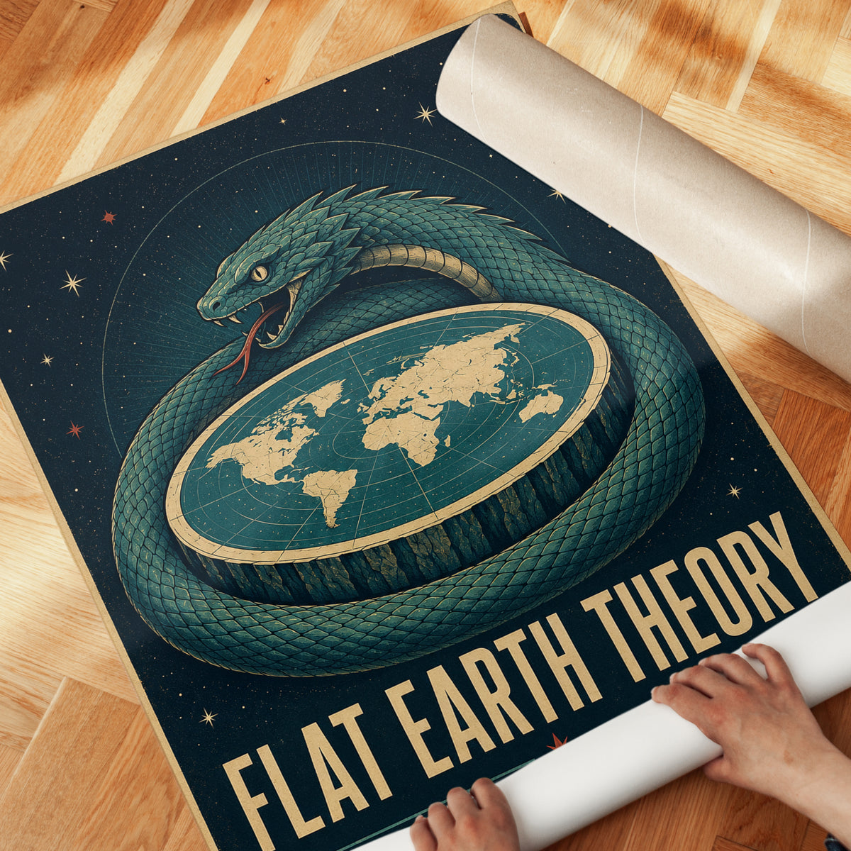Vintage Flat Earth Serpent Poster - detail