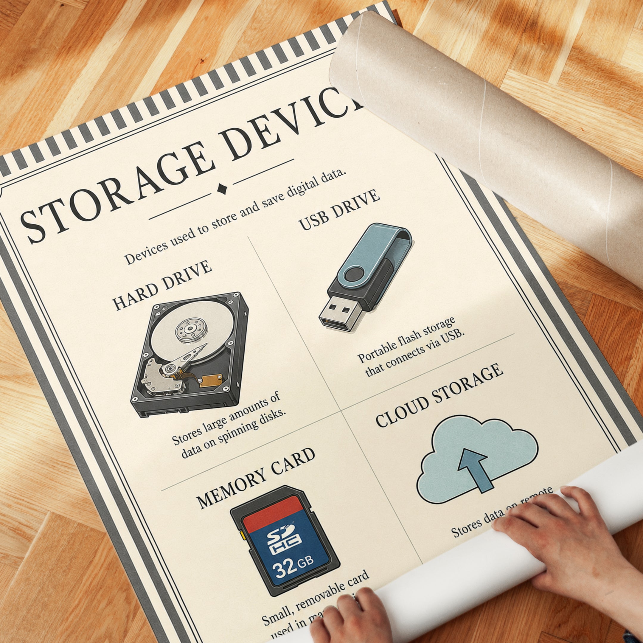 Storage Devices Educational Poster: Vintage Tech Infographic Print - detail