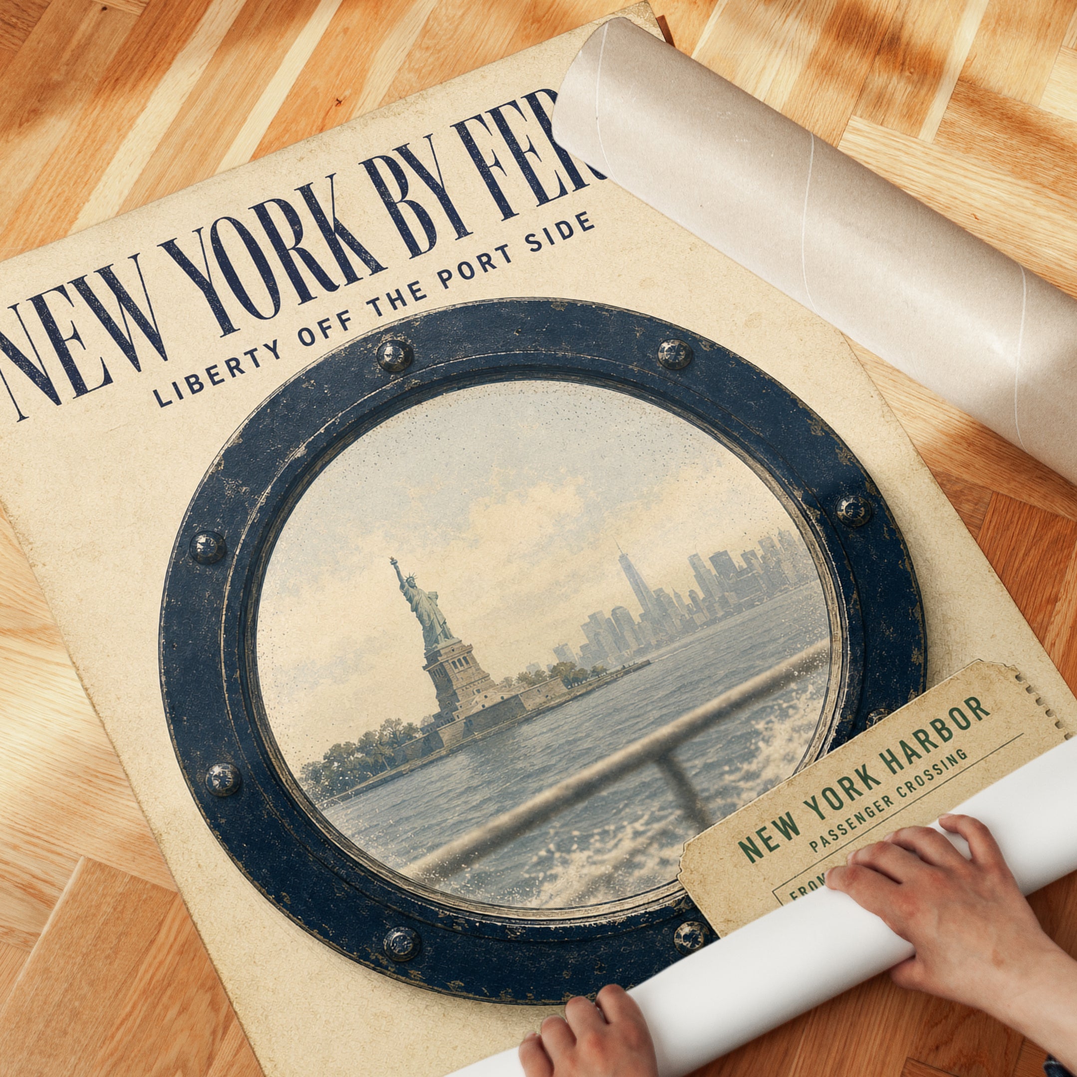 New York Ferry Poster – Vintage Travel Print - detail