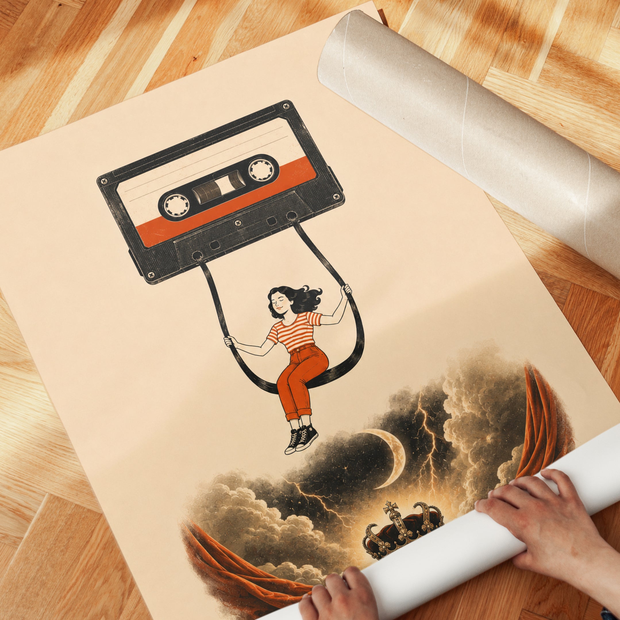 Retro Cassette Tape Swing Art Print: Surreal Music Nostalgia - detail