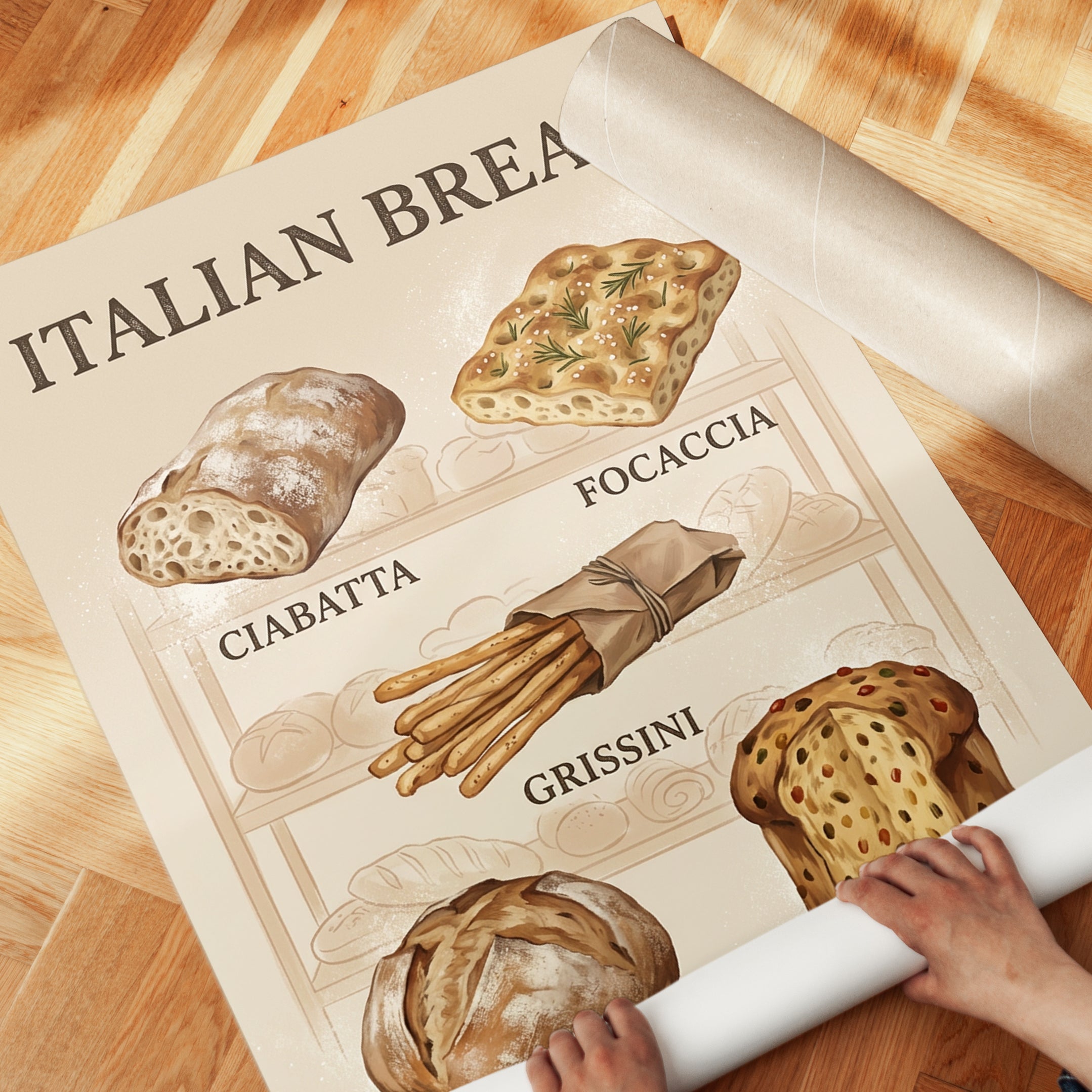 Italian Bread Varieties Poster: Vintage Kitchen Art Print - detail