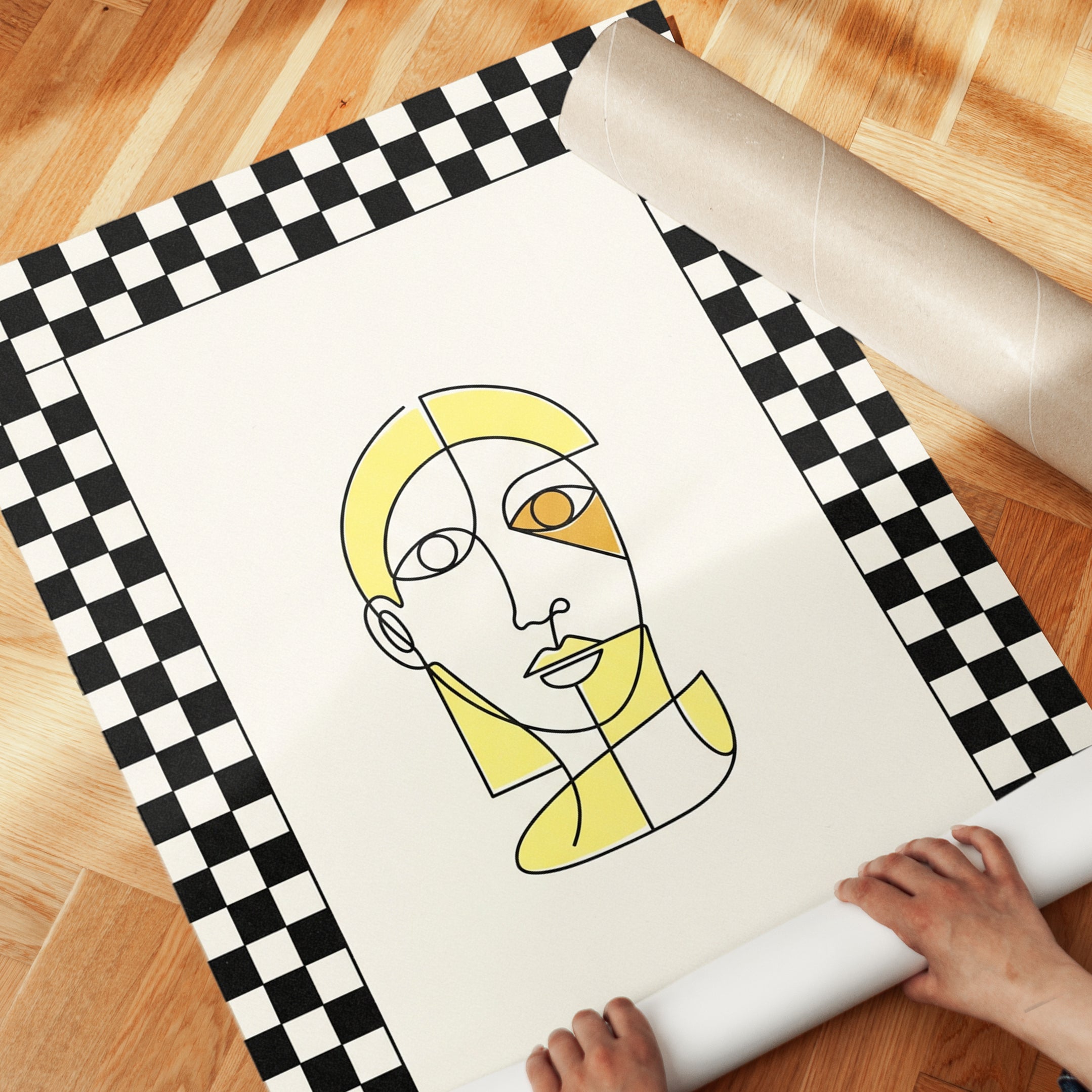 Cubist Face Line Art Print: Yellow Geometric Portrait Design - detail