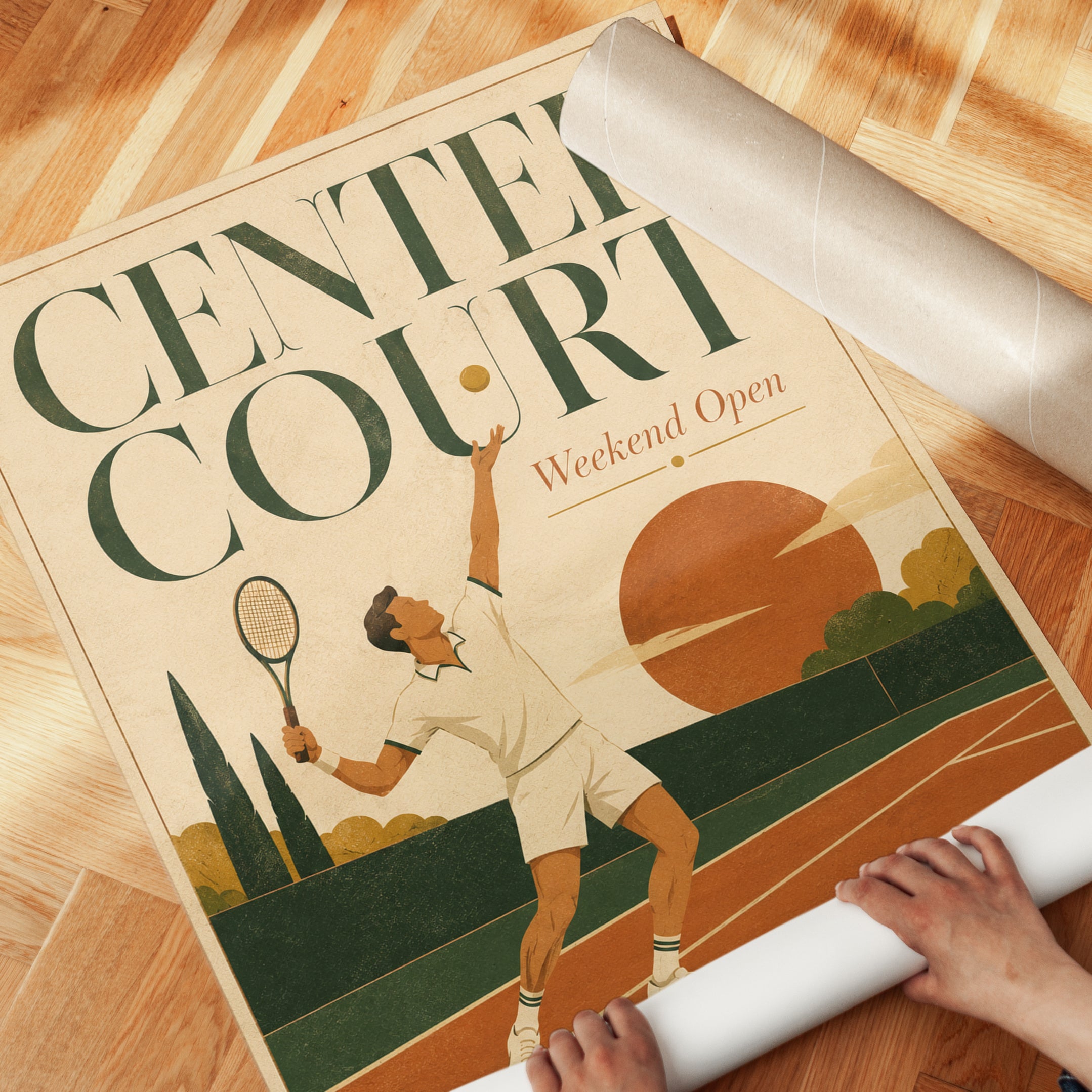 Vintage Tennis Poster Print: Art Deco Center Court Design - detail