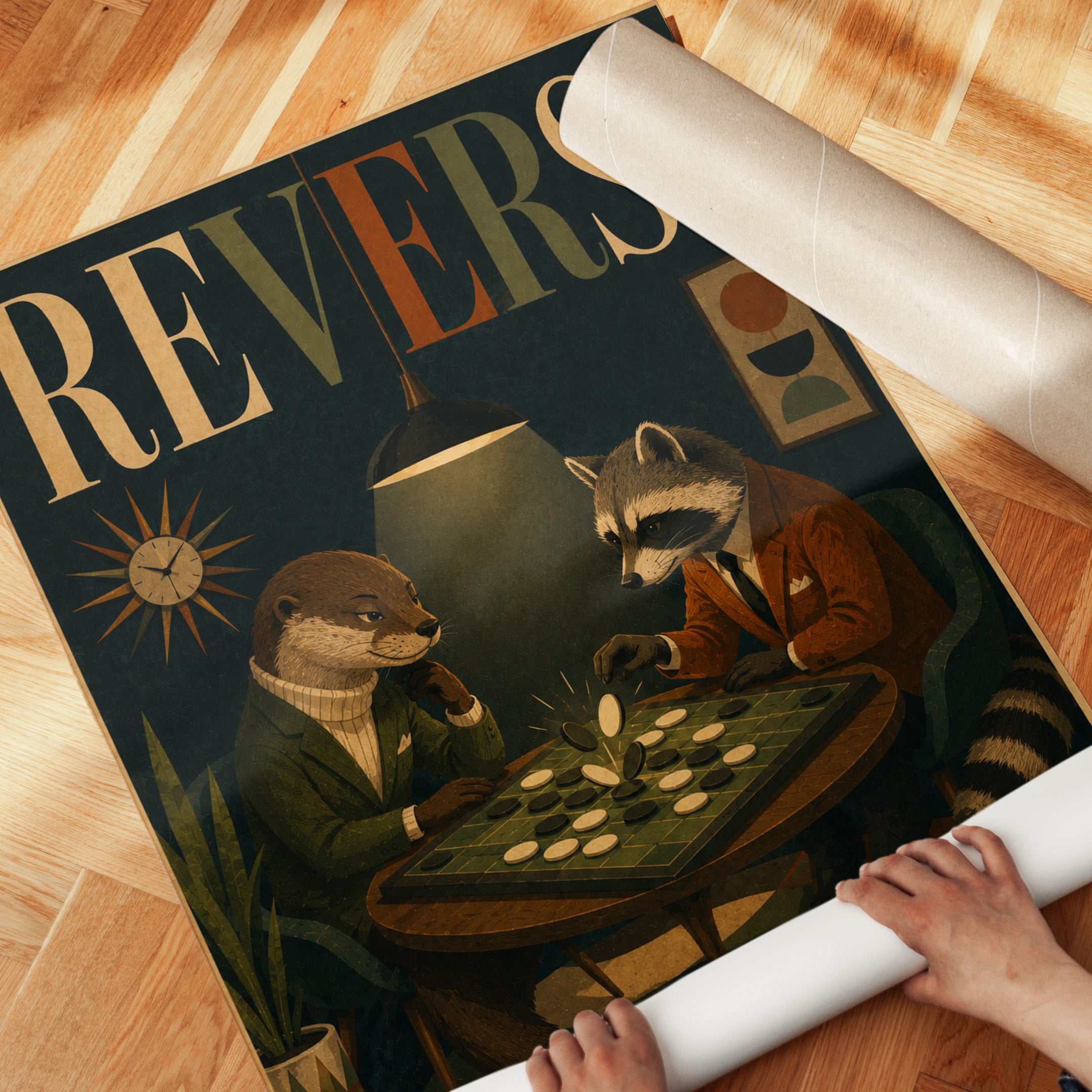 Board Game Art Print: Vintage Animals Playing Reversi - detail