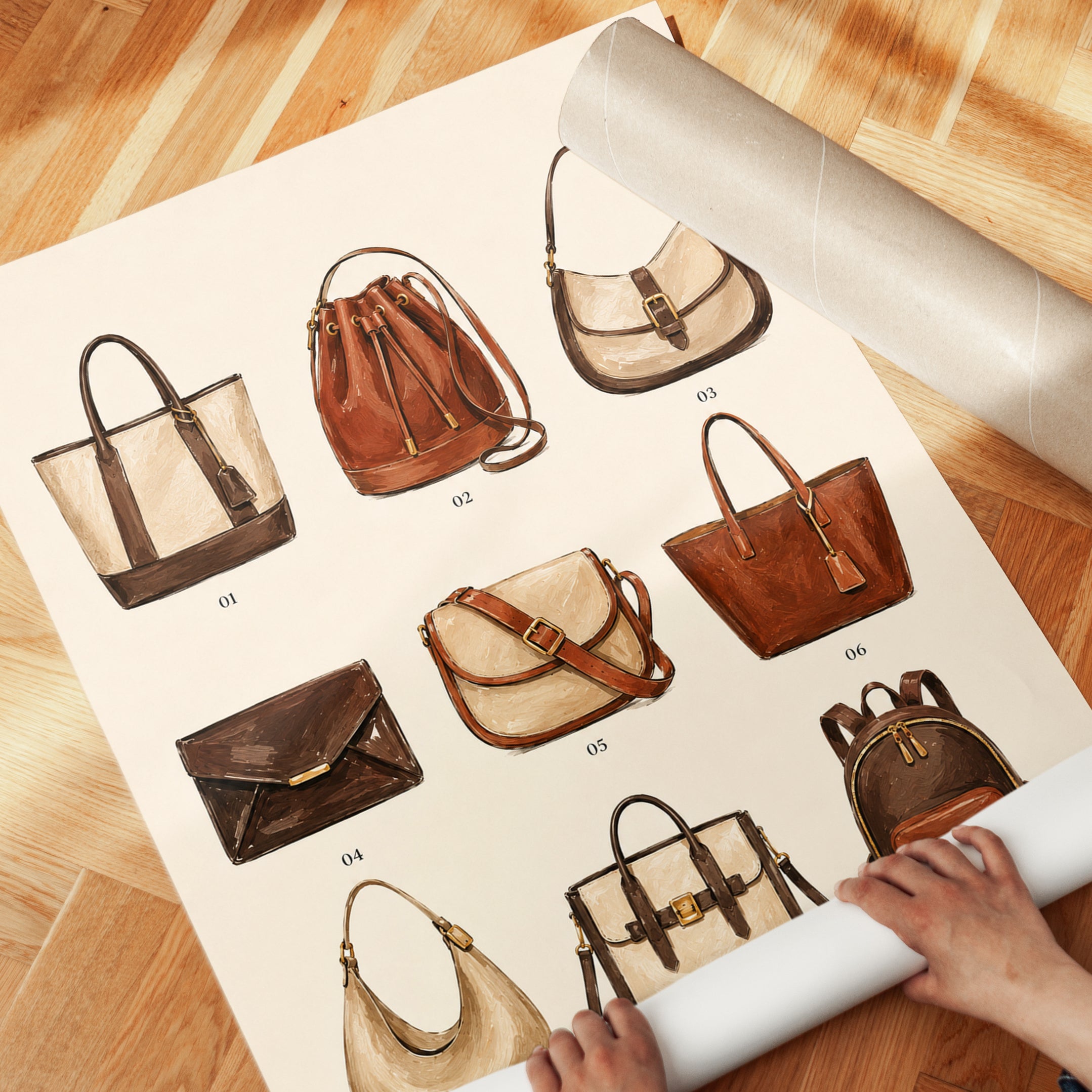 Leather Handbag Collection Art Print: Vintage Fashion Illustration - detail