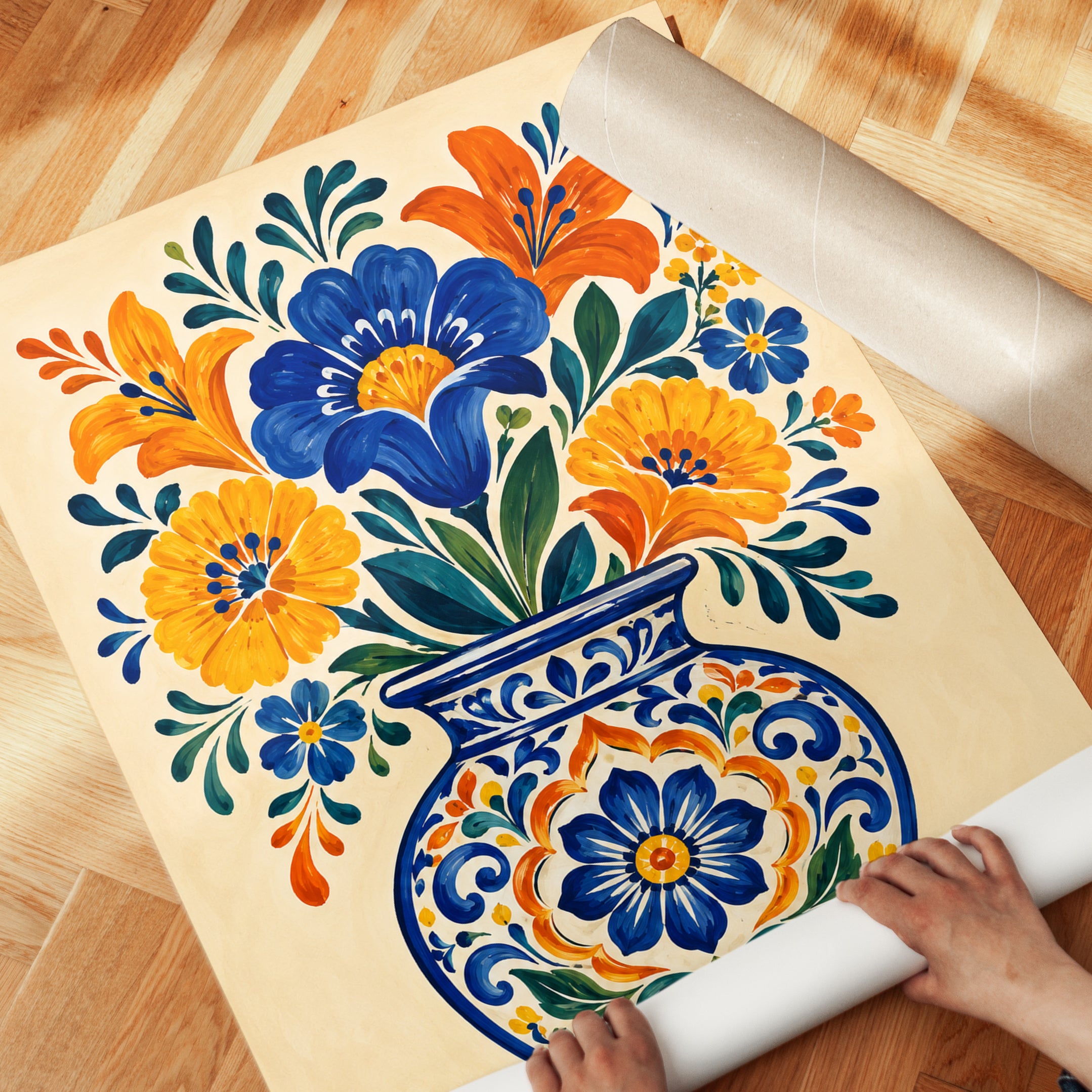 Folk Art Vase Print – Floral Pottery Wall Art - detail