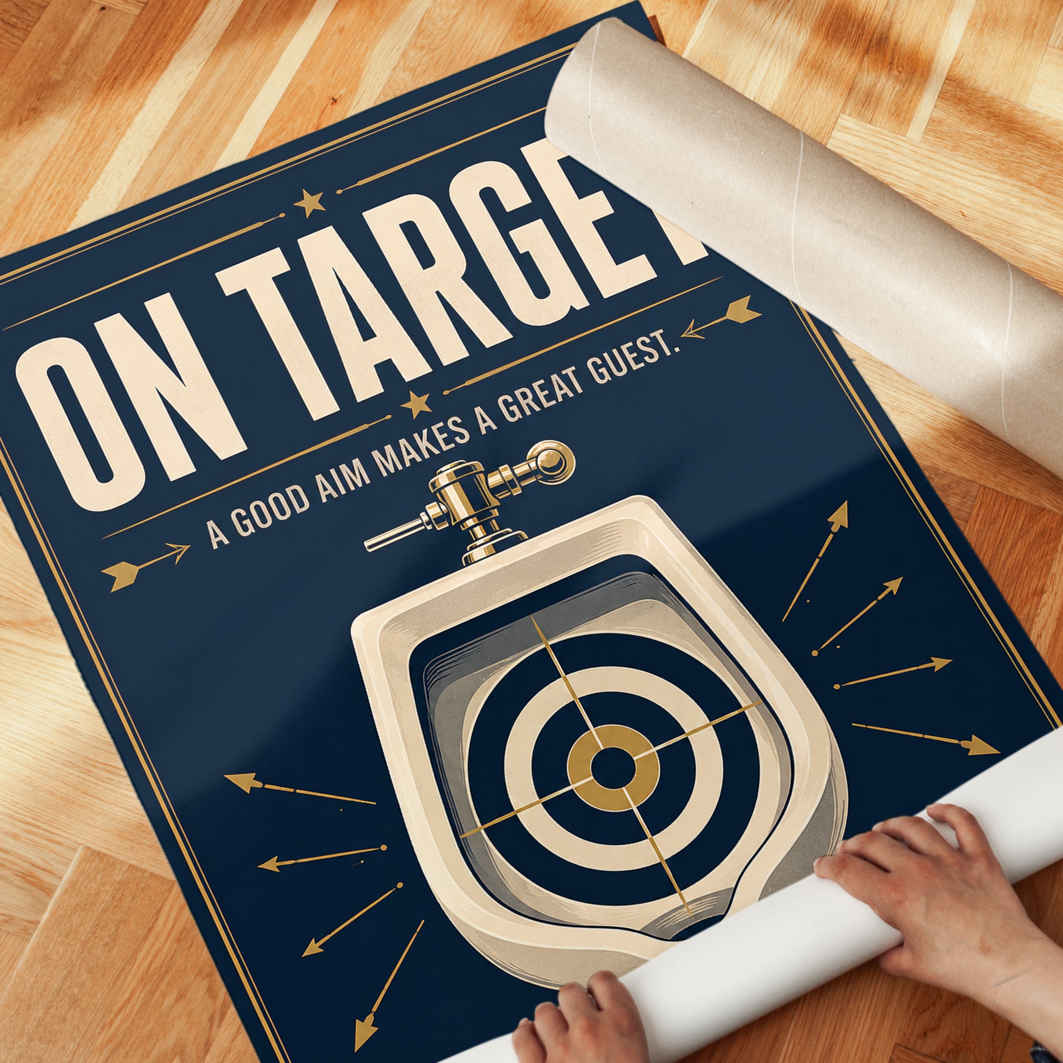 On Target Bathroom Humor Poster: Art Deco Navy and Gold Print - detail
