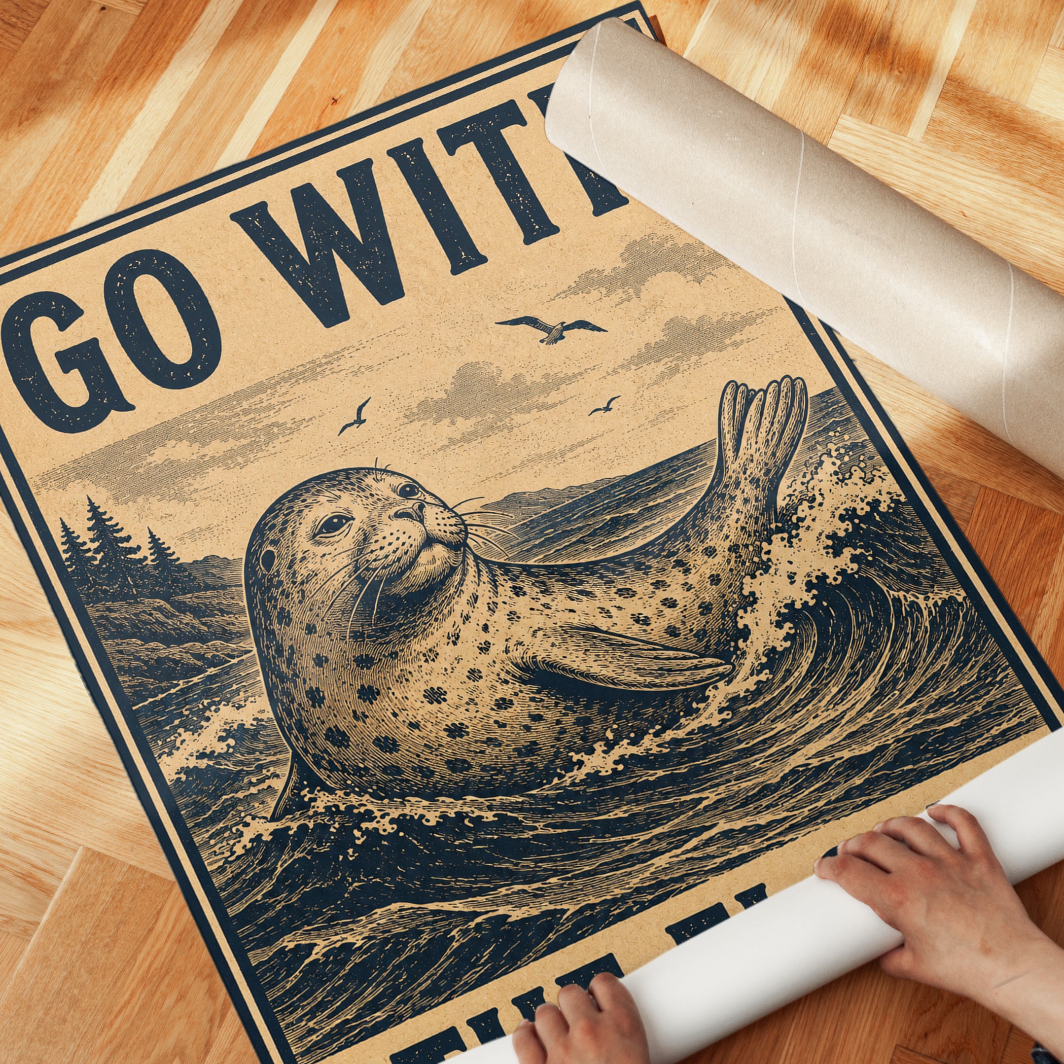 Vintage Seal Art Print: Go With The Flow - detail