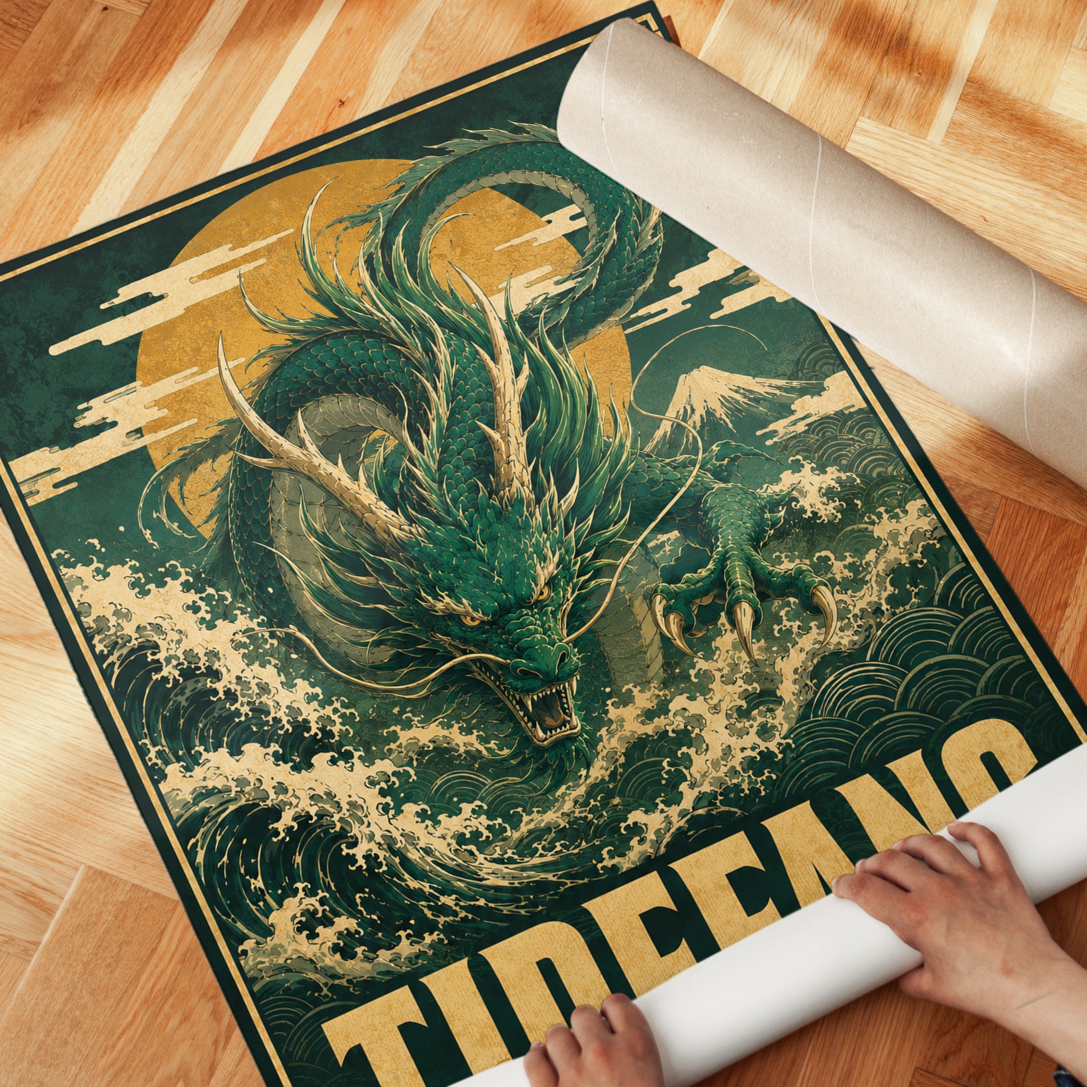 Japanese Dragon Art Print: Green and Gold Vintage Poster Design - detail