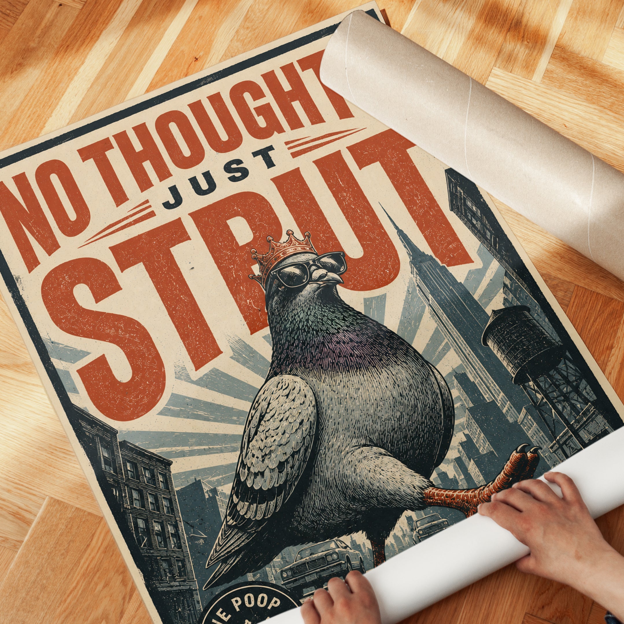 No Thoughts Just Strut Pigeon Poster: Retro Urban Wall Art - detail