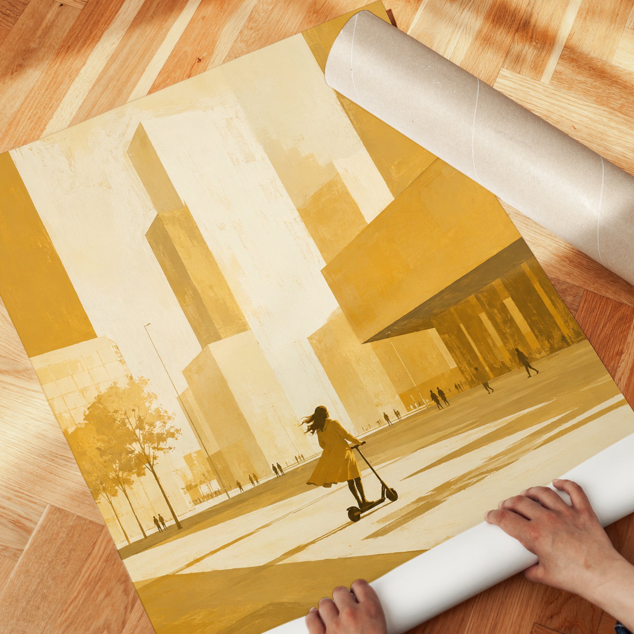 Modern Urban Cityscape: Golden Yellow Minimalist Architecture Print - detail