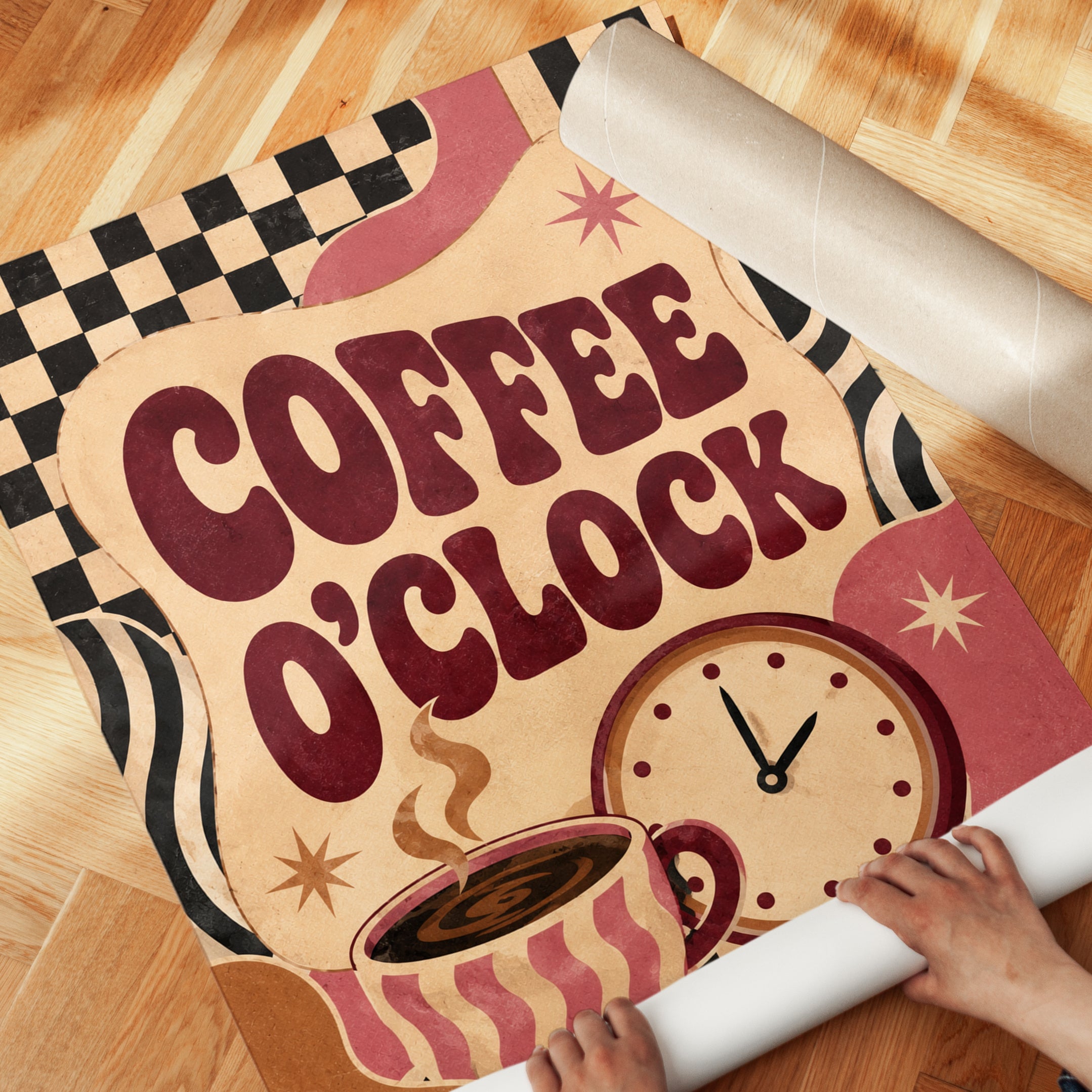 Coffee O'Clock Retro Kitchen Print: Mid-Century Typography Art - detail