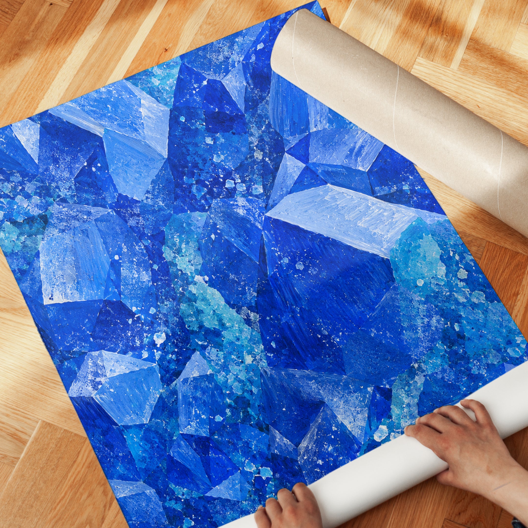 Blue Geometric Abstract Art Print: Cubist Fractured Ice Design - detail