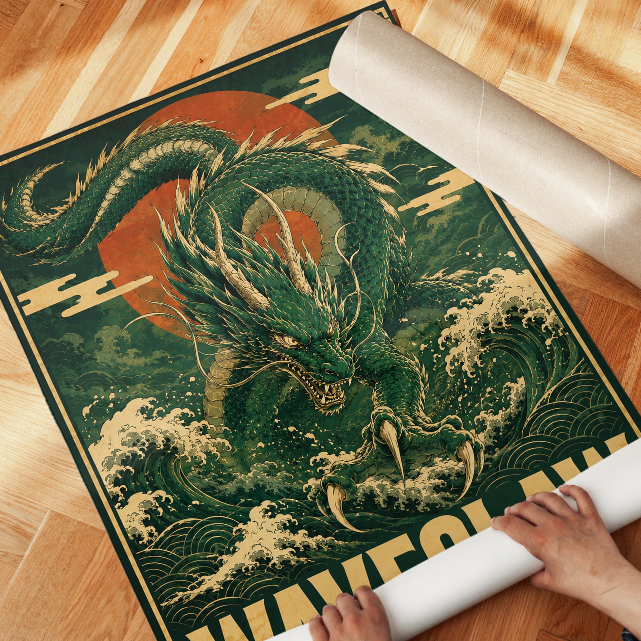 Japanese Dragon Art Print: Vintage Wave and Red Sun Design - detail
