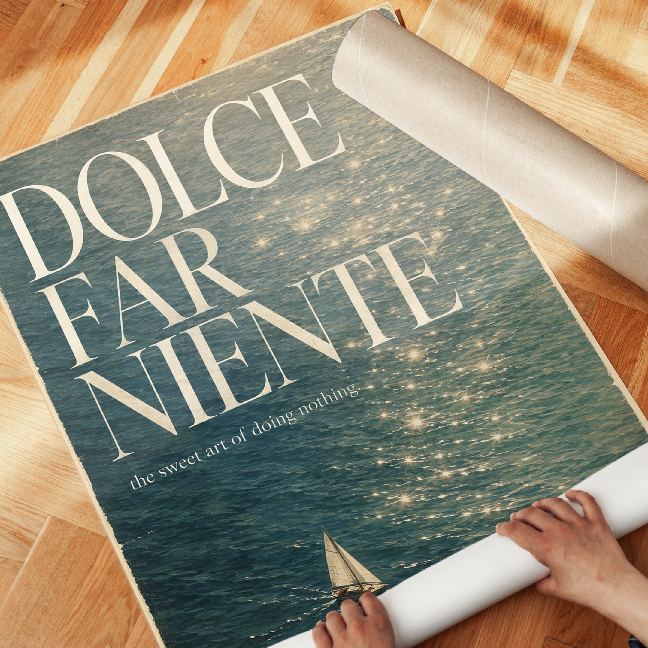 Dolce Far Niente Vintage Travel Poster: Lake Como Sailboat Art - detail