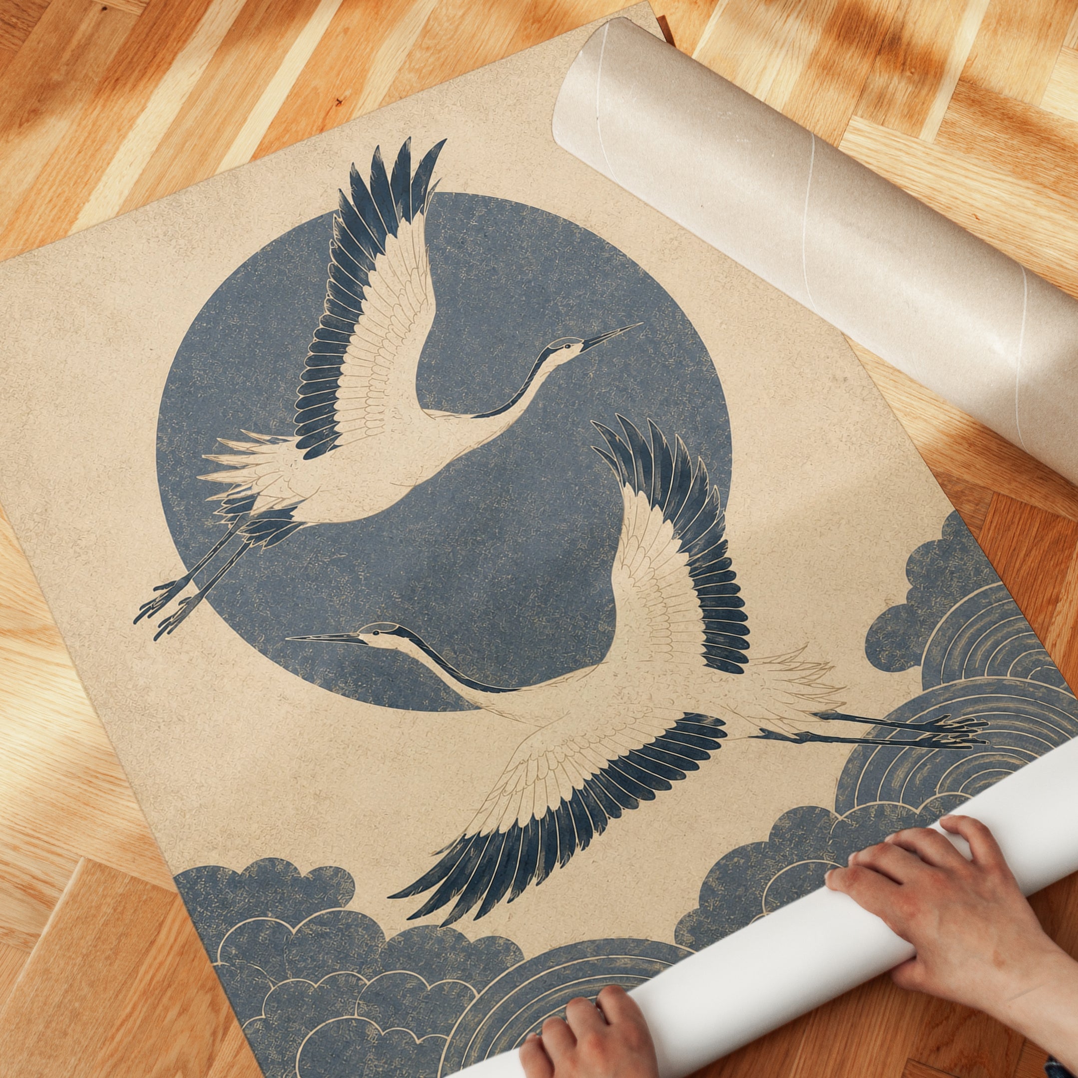 Japanese Cranes in Flight Art Print: Vintage Blue Beige Design - detail