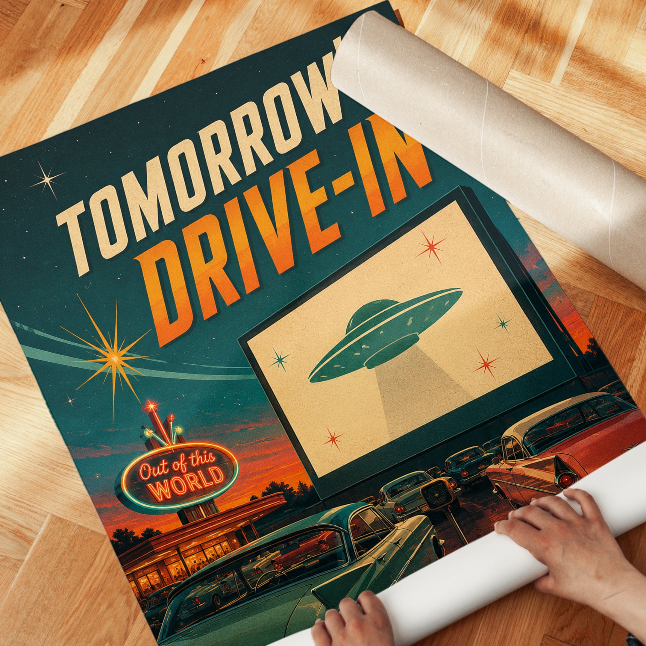 Retro Drive-In Movie Theater Poster: Atomic Age UFO Scene - detail