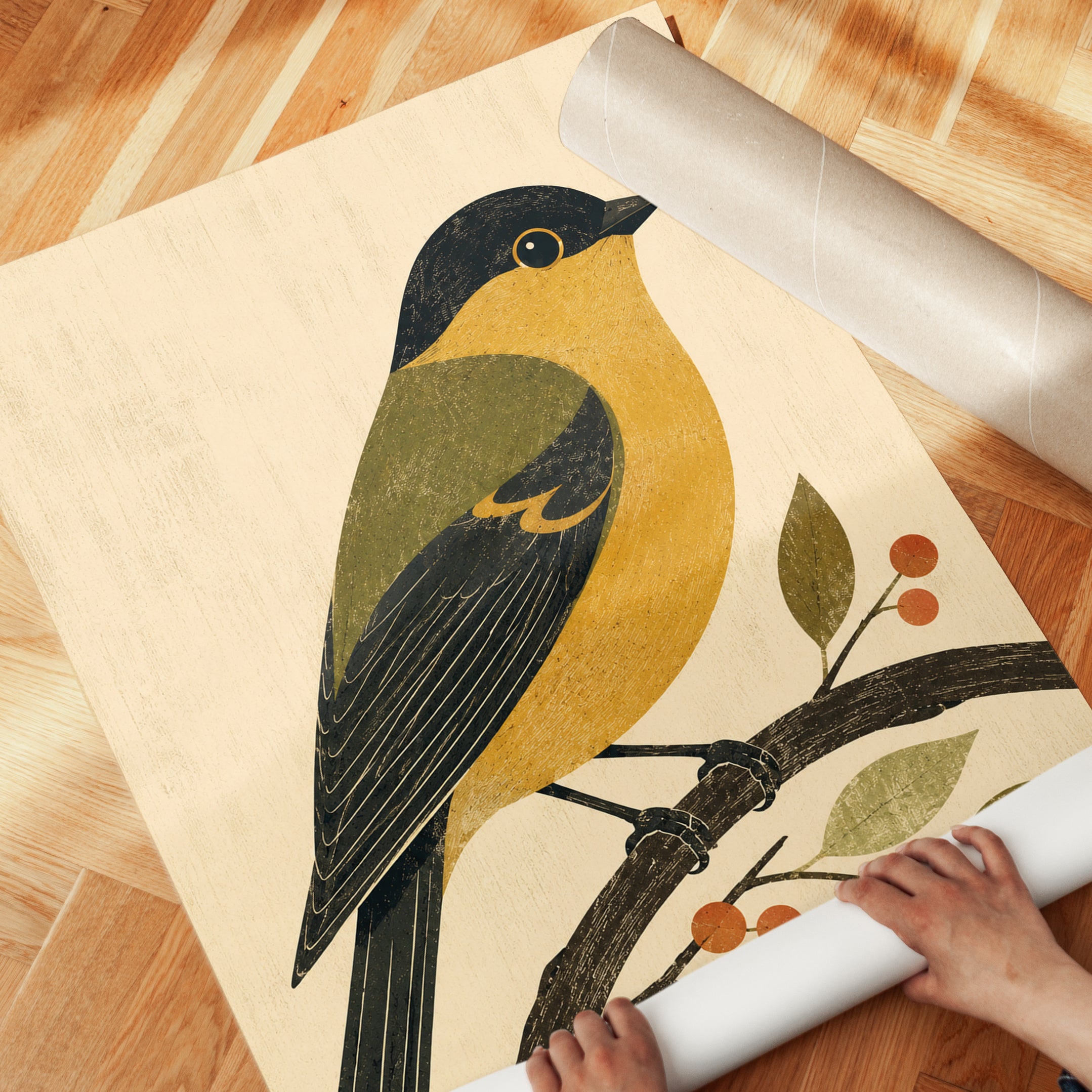 Vintage Bird Print — Folk Art Illustration - detail