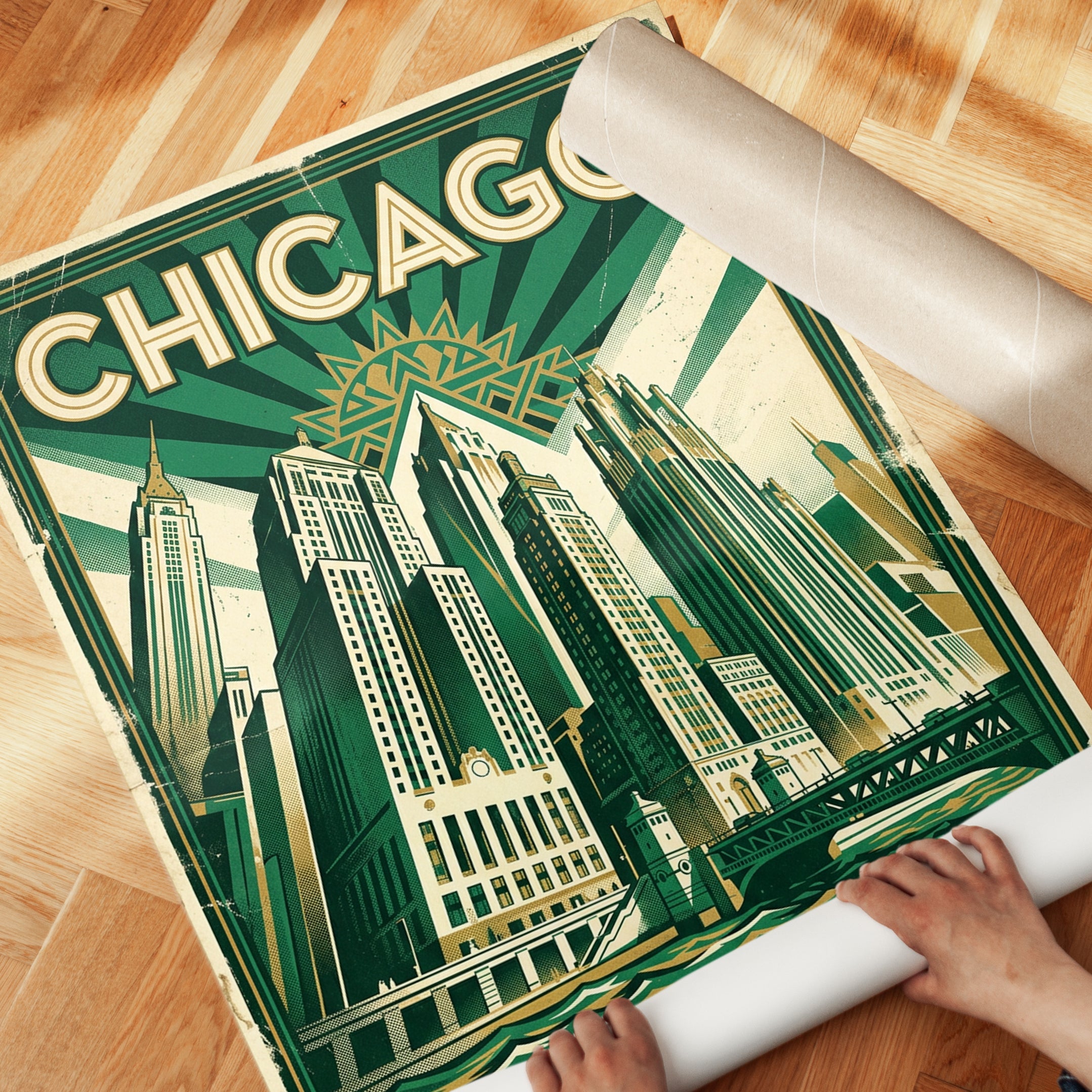Chicago Art Deco Travel Poster — Vintage Skyline - detail