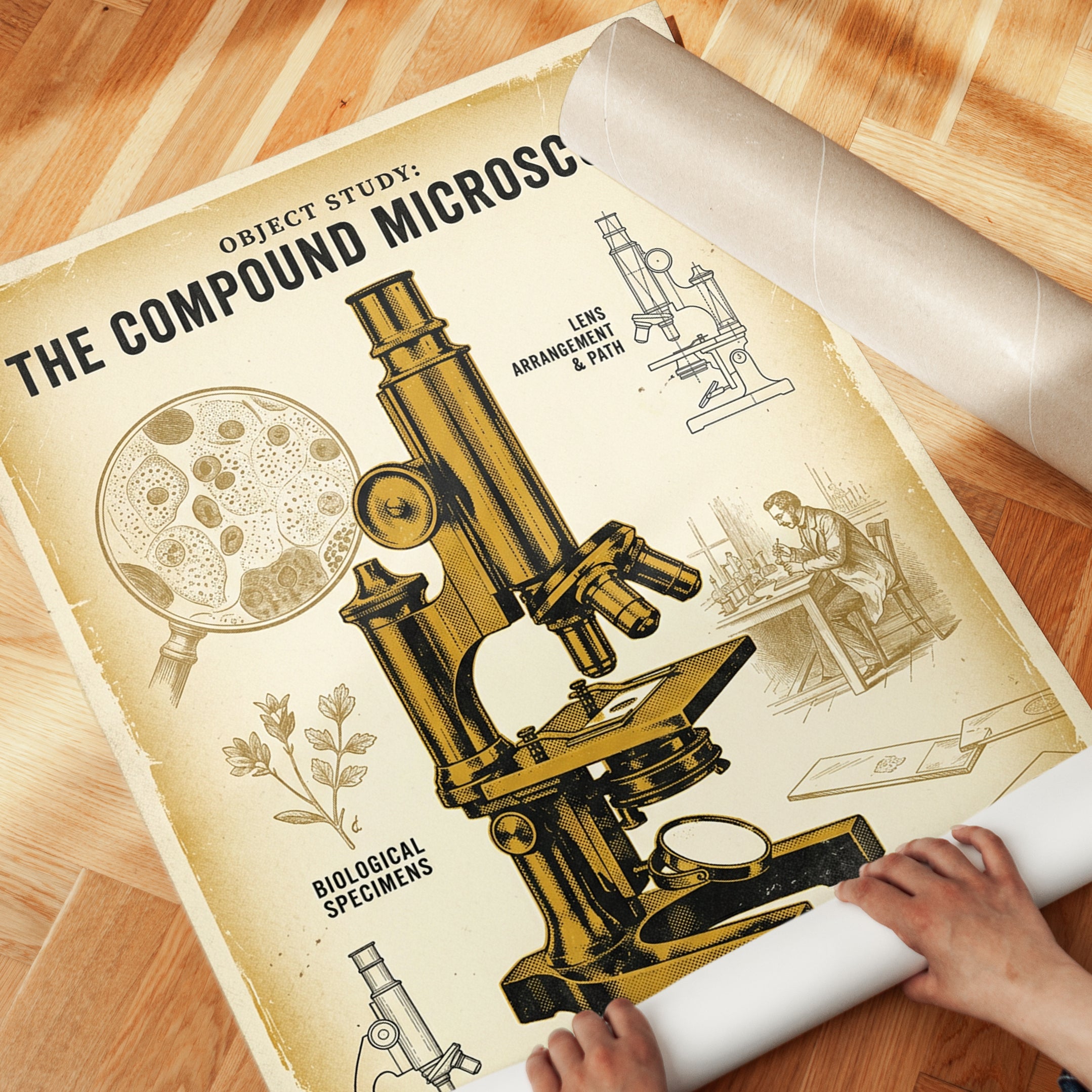 Vintage Compound Microscope Poster: Scientific Illustration Art - detail